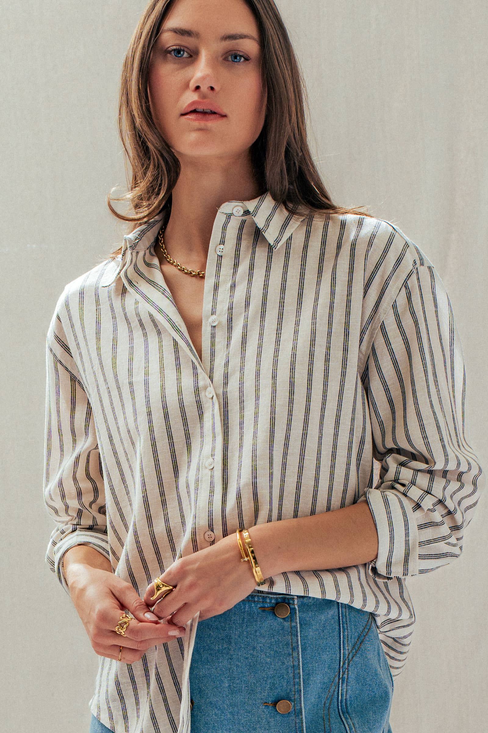 Striped Linen Blend Button Up Shirt
