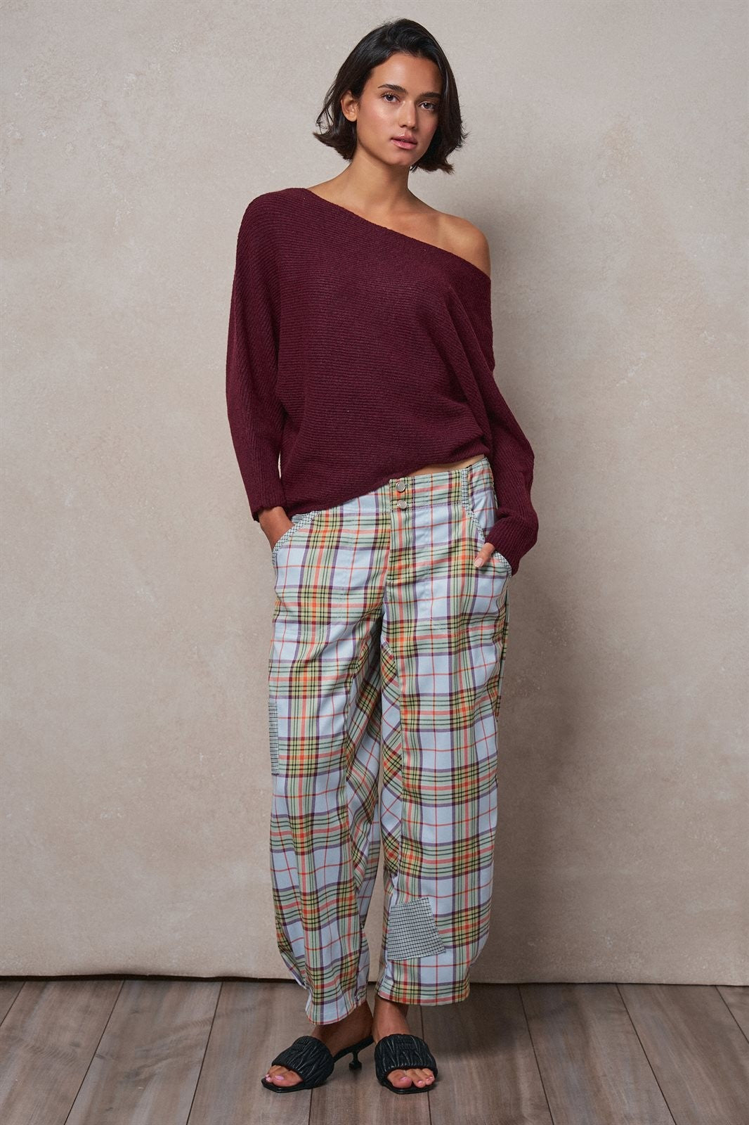 Plaid Barrel Pants Patchwork Western Boho Wide Trousers in GREY - Women's Casual Pants | Urban Daizy