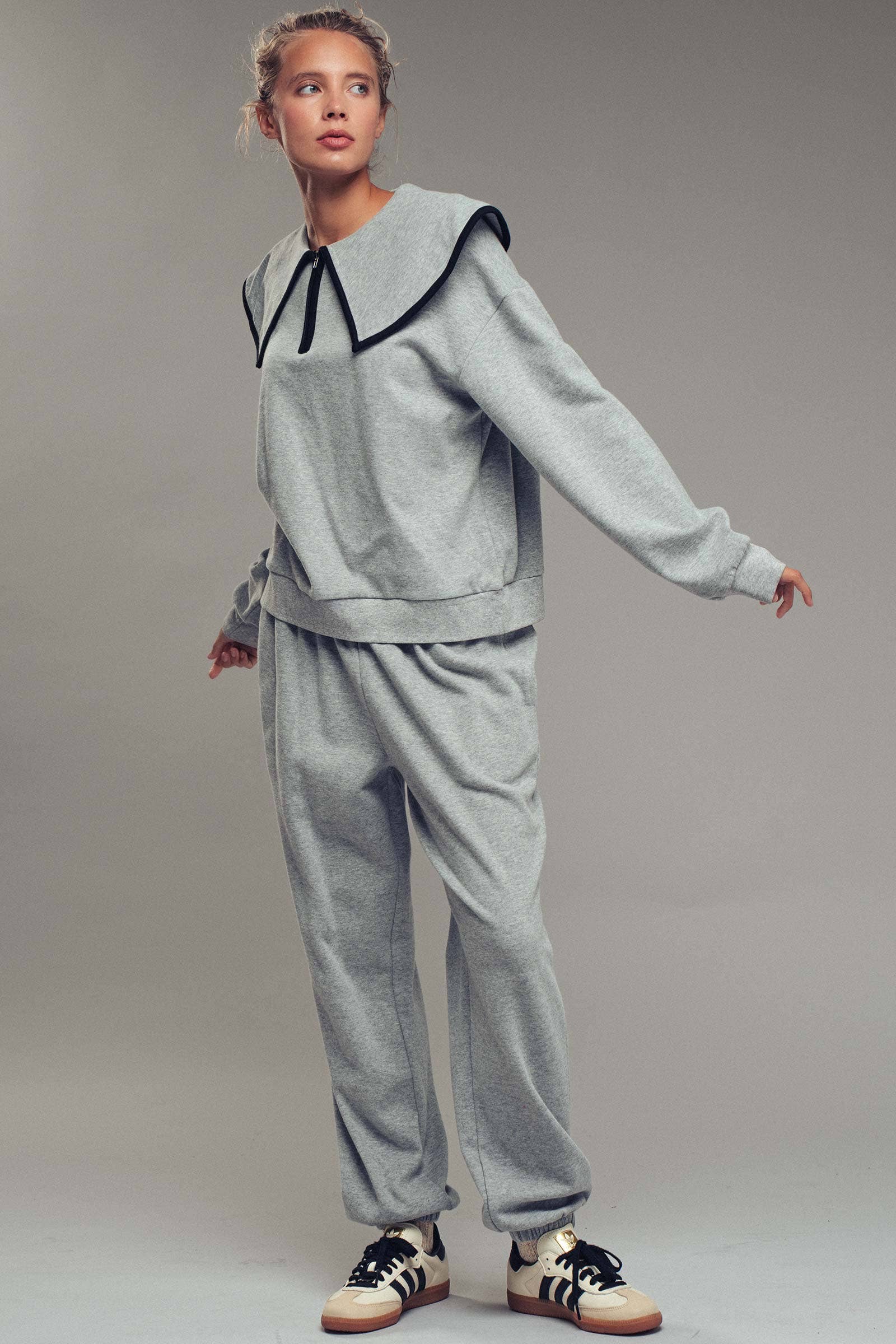 Urban Daizy Statement Sailor Collar Quarter Zip Lounge Set H-Grey Black Top & Pant Set (NOT Loungewear) - Women's…