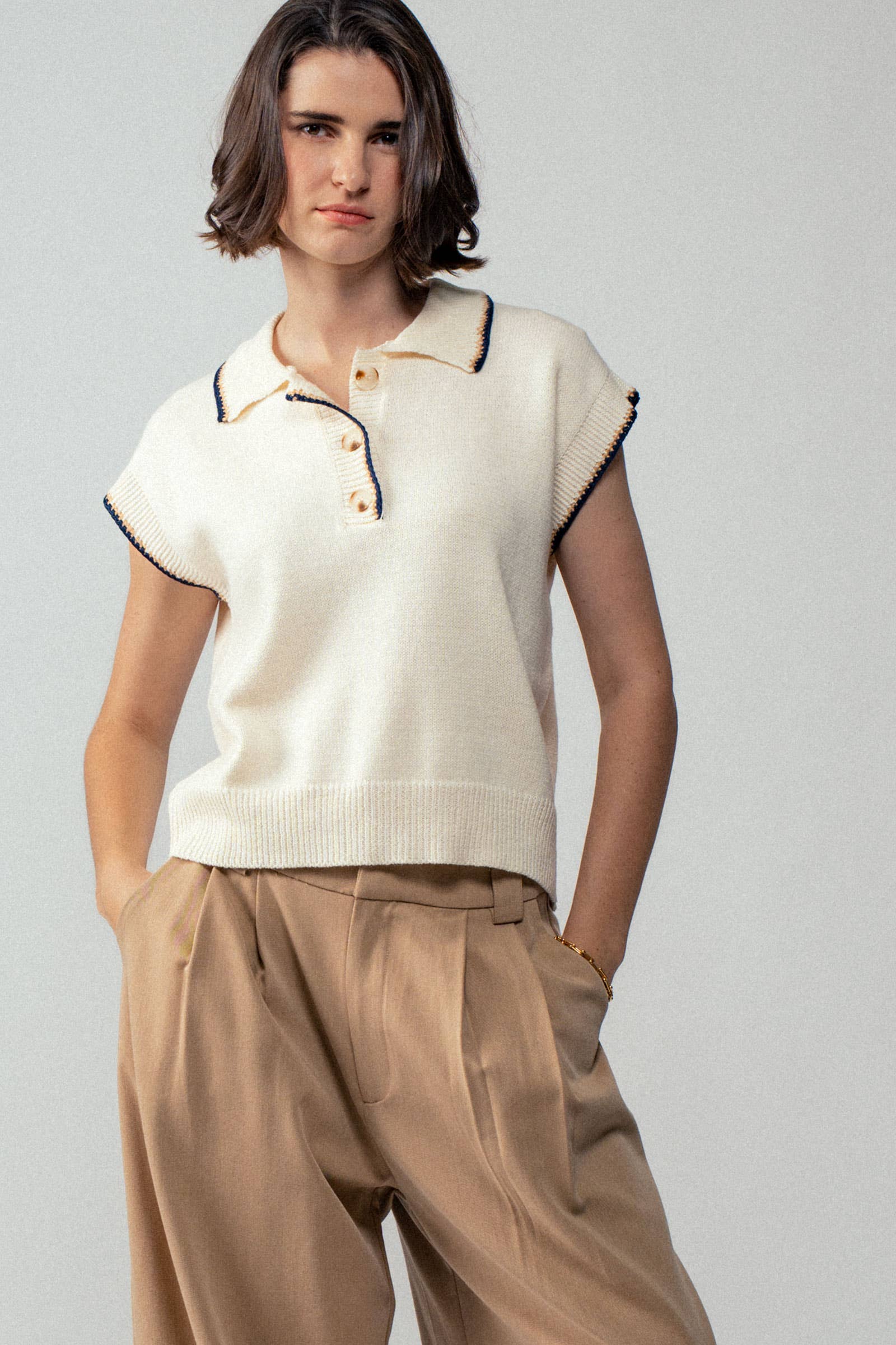 Urban Daizy Contrast Stitch Cropped Polo Knit Top Ivory Polo - Women's (TNTP3807-Ivory) – alternate view 4
