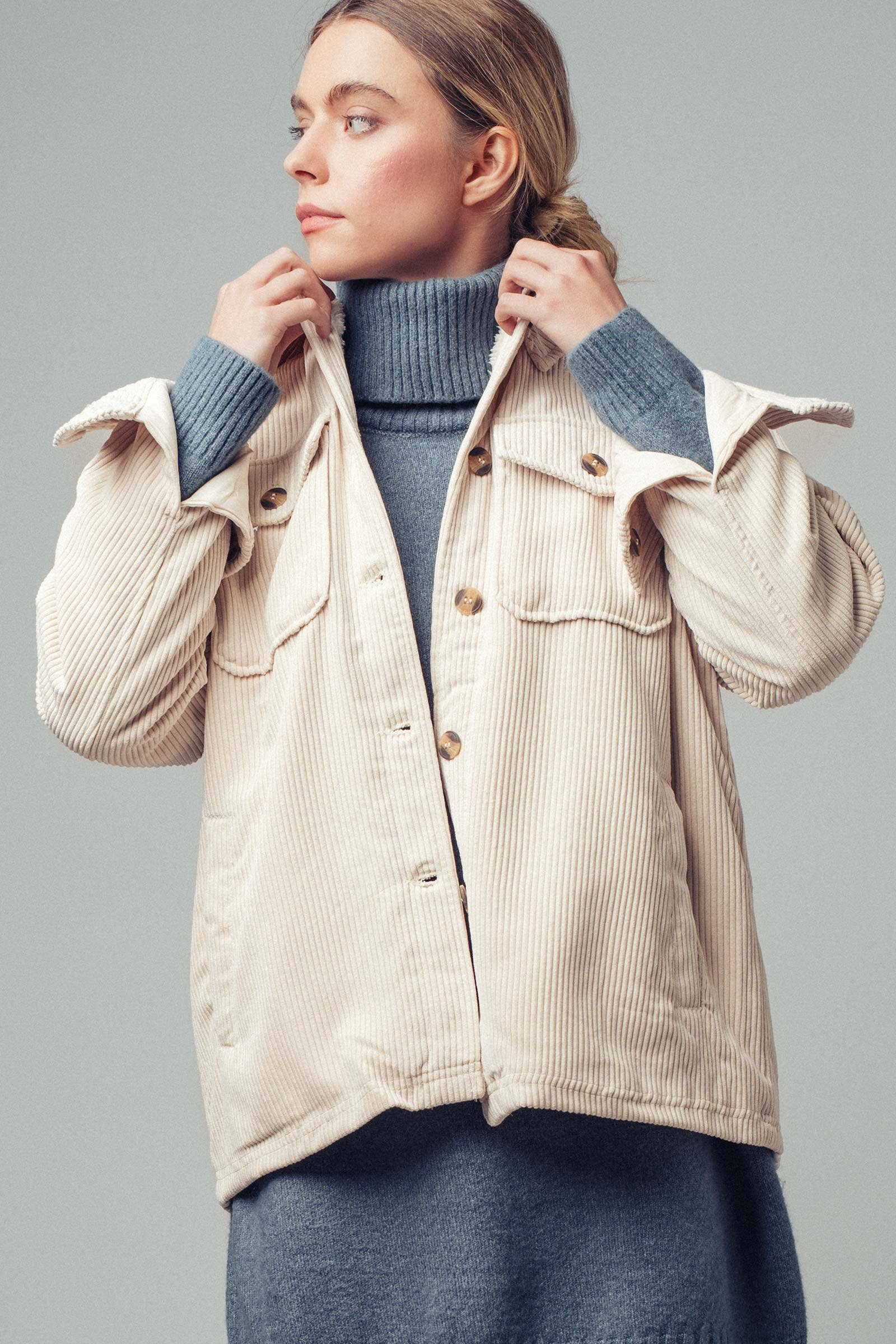Urban Daizy Oversized Sherpa Lined Corduroy Shacket Beige Shirt Jacket Shacket - Women's (UDZ-OT-00163) – alternate view 4