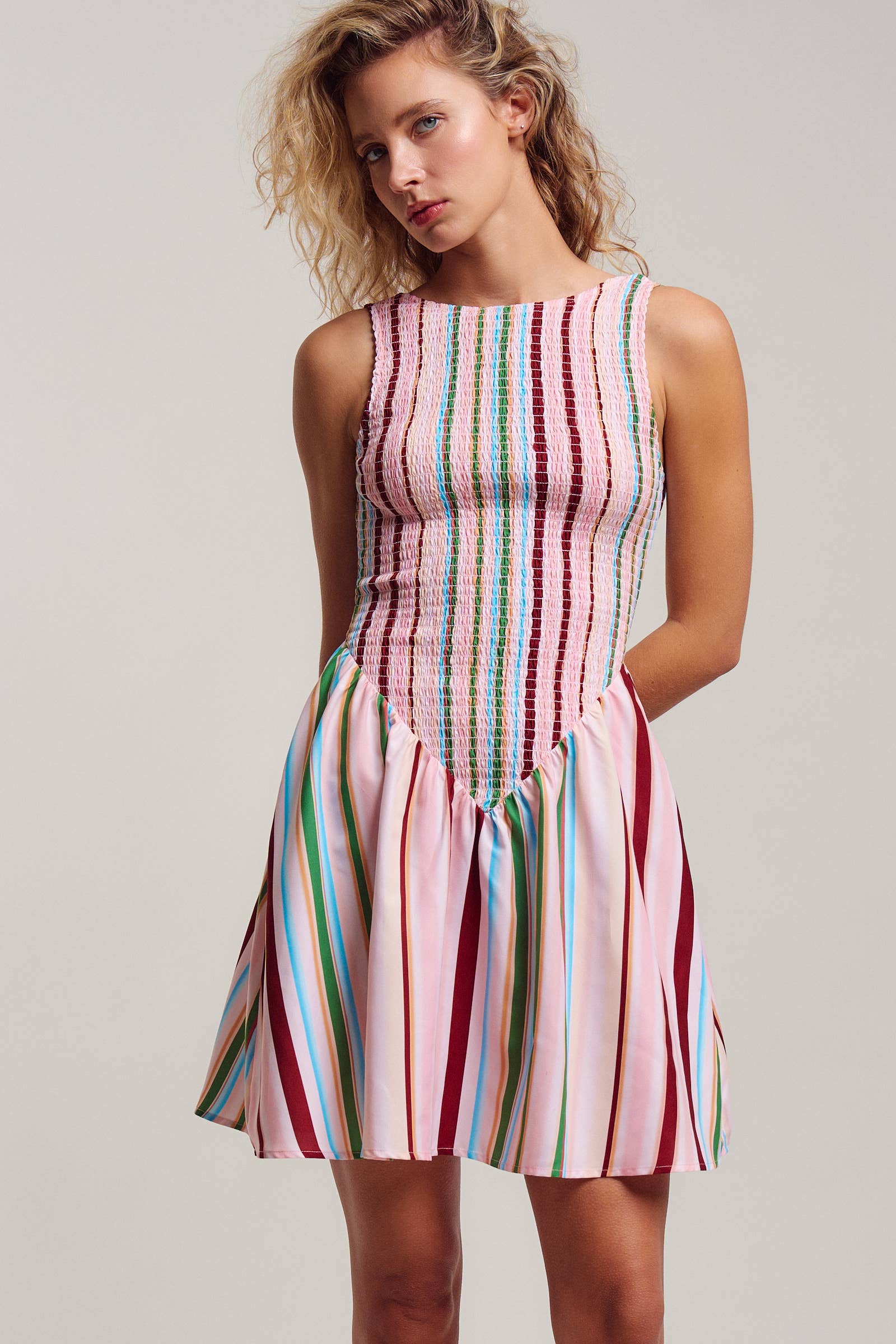 Urban Daizy Sorbet Stripe Smocked Bodice Sleeveless Mini Dress Muiti Dress - Women's (UDDR0349-Muiti) – alternate view 11