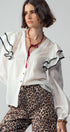 Urban Daizy Ruffled Shoulder V Neck Button Down Blouse White Black Blouse - Women's (UDZ-TP-00746)