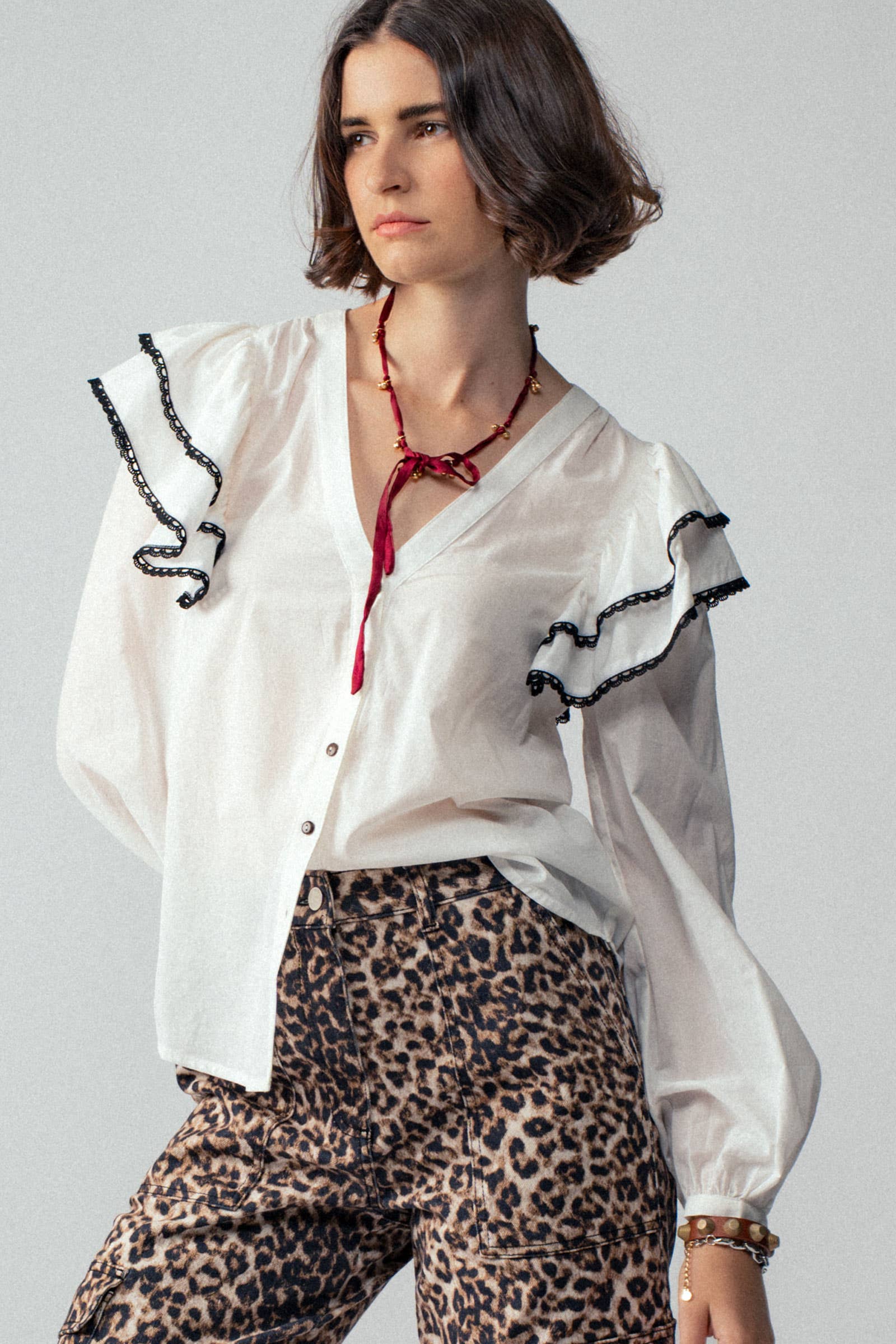 Urban Daizy Ruffled Shoulder V Neck Button Down Blouse White Black Blouse - Women's (UDZ-TP-00746)