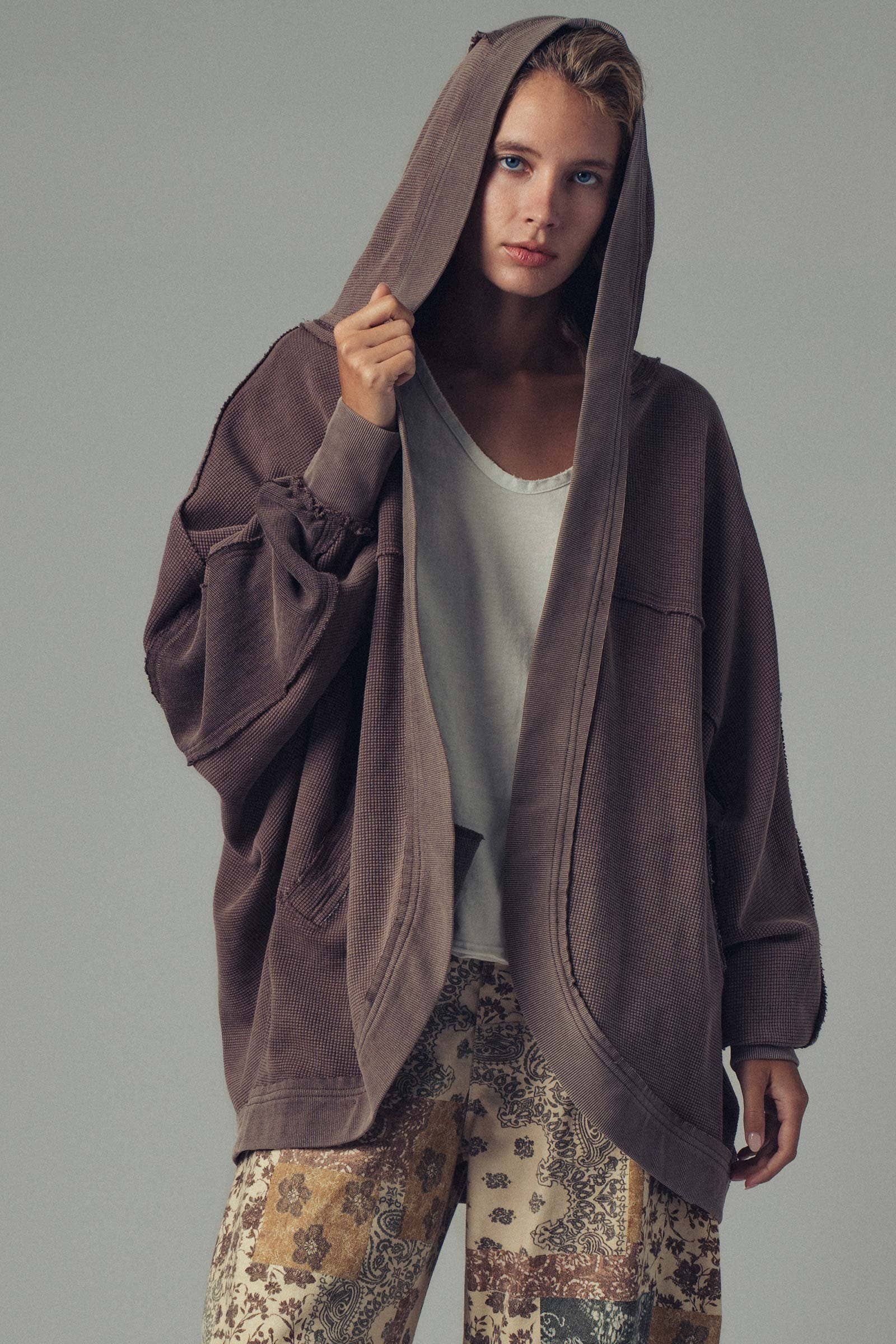 Washed Waffle Knit Hooded Cardigan