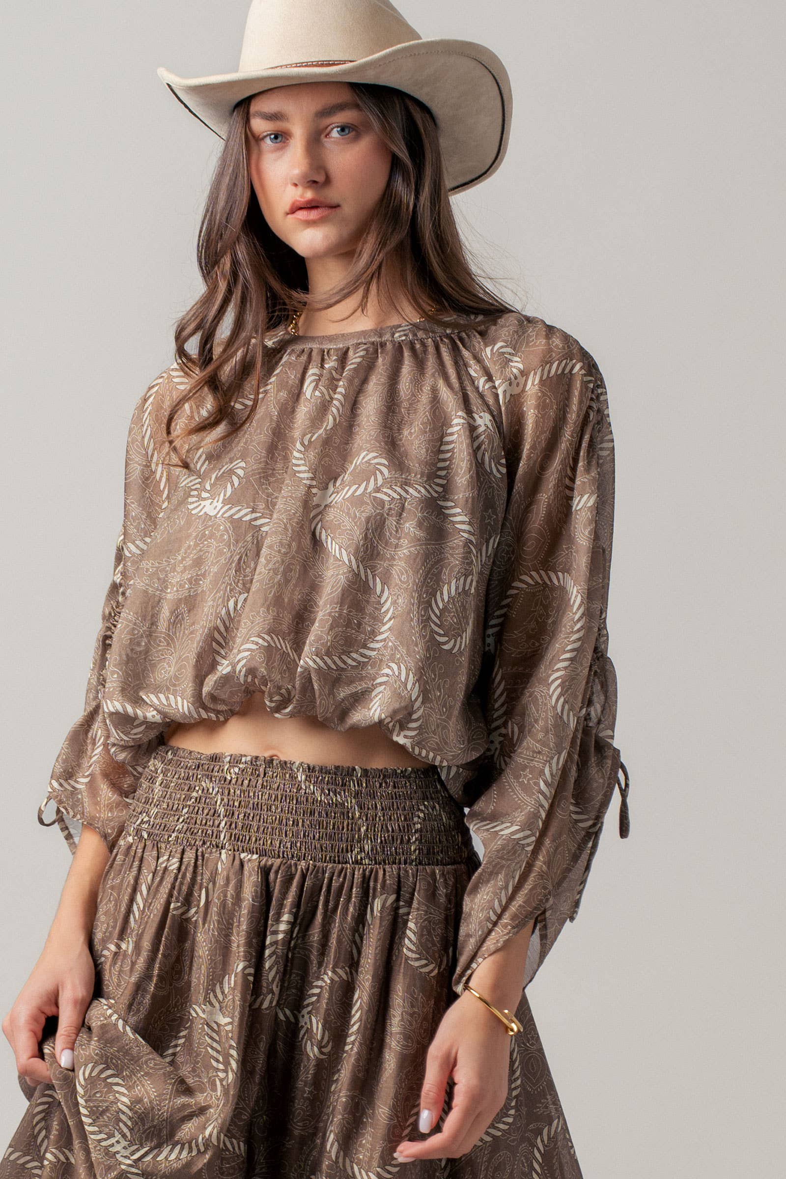 Rope Print Ruched Sleeve Blouse Linen Silk Blend