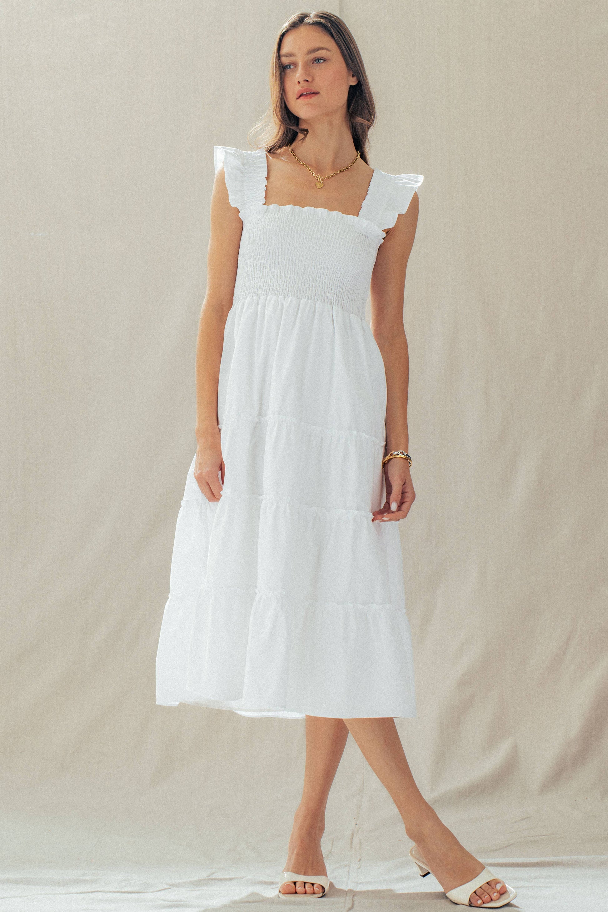Cotton Smocked Tiered Midi Dress