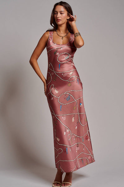 Coastal Rope Print Satin Slip Midi Dress
