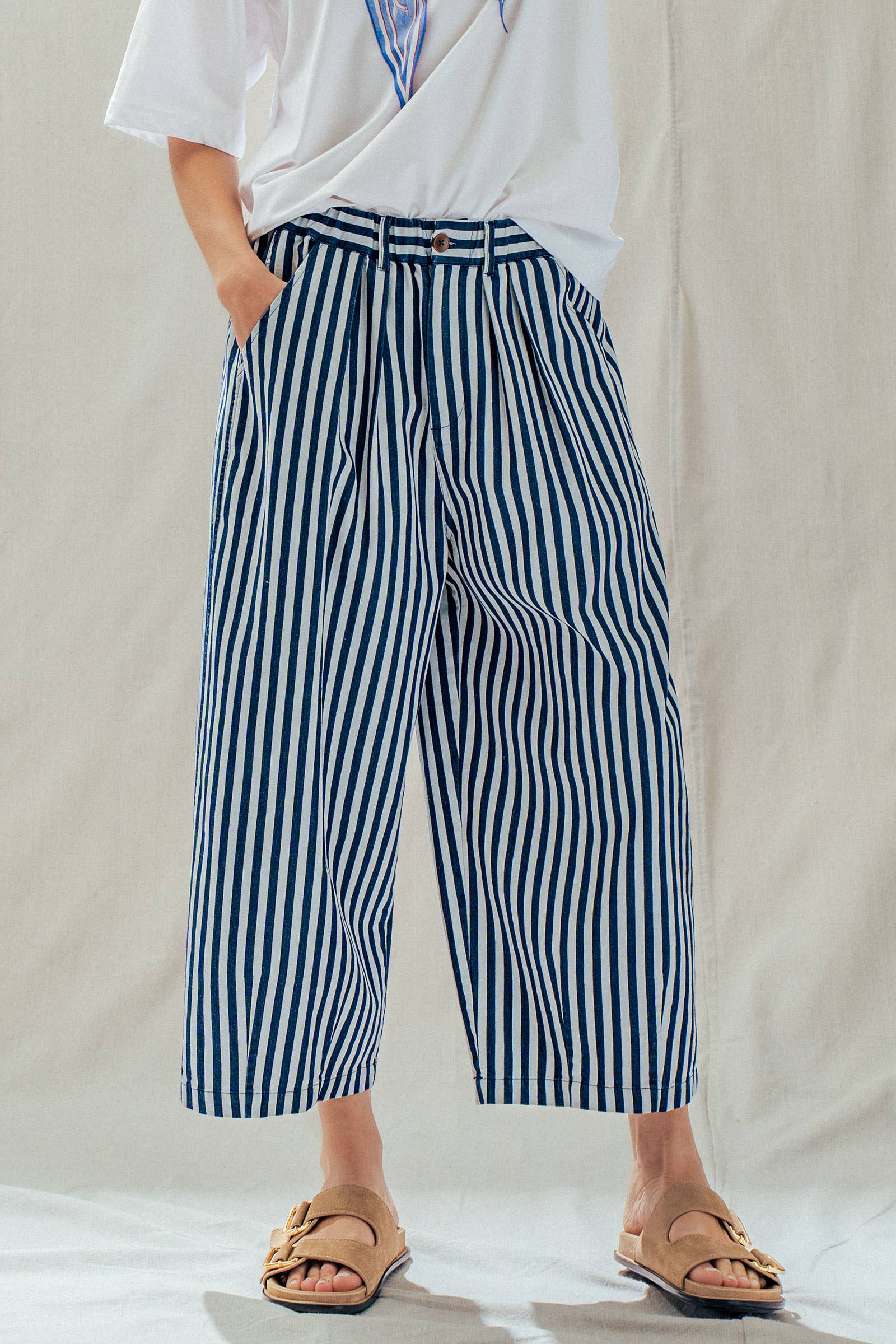 Striped Pleated Wide Leg Culotte Pants