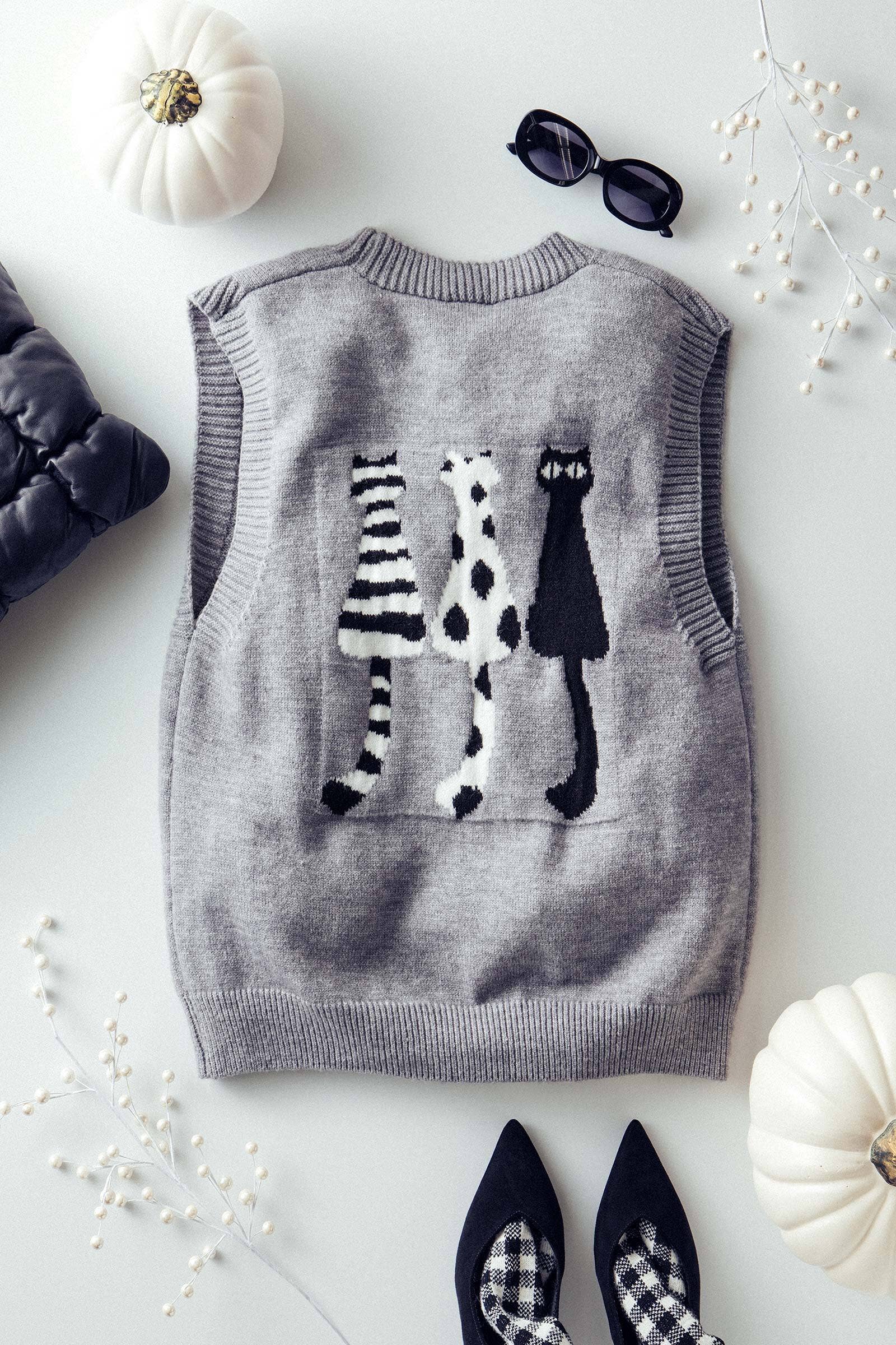Urban Daizy Cat Print Knit Sweater Vest Grey Sweater Vest - Women's (UDZ-TP-00814) – alternate view 2