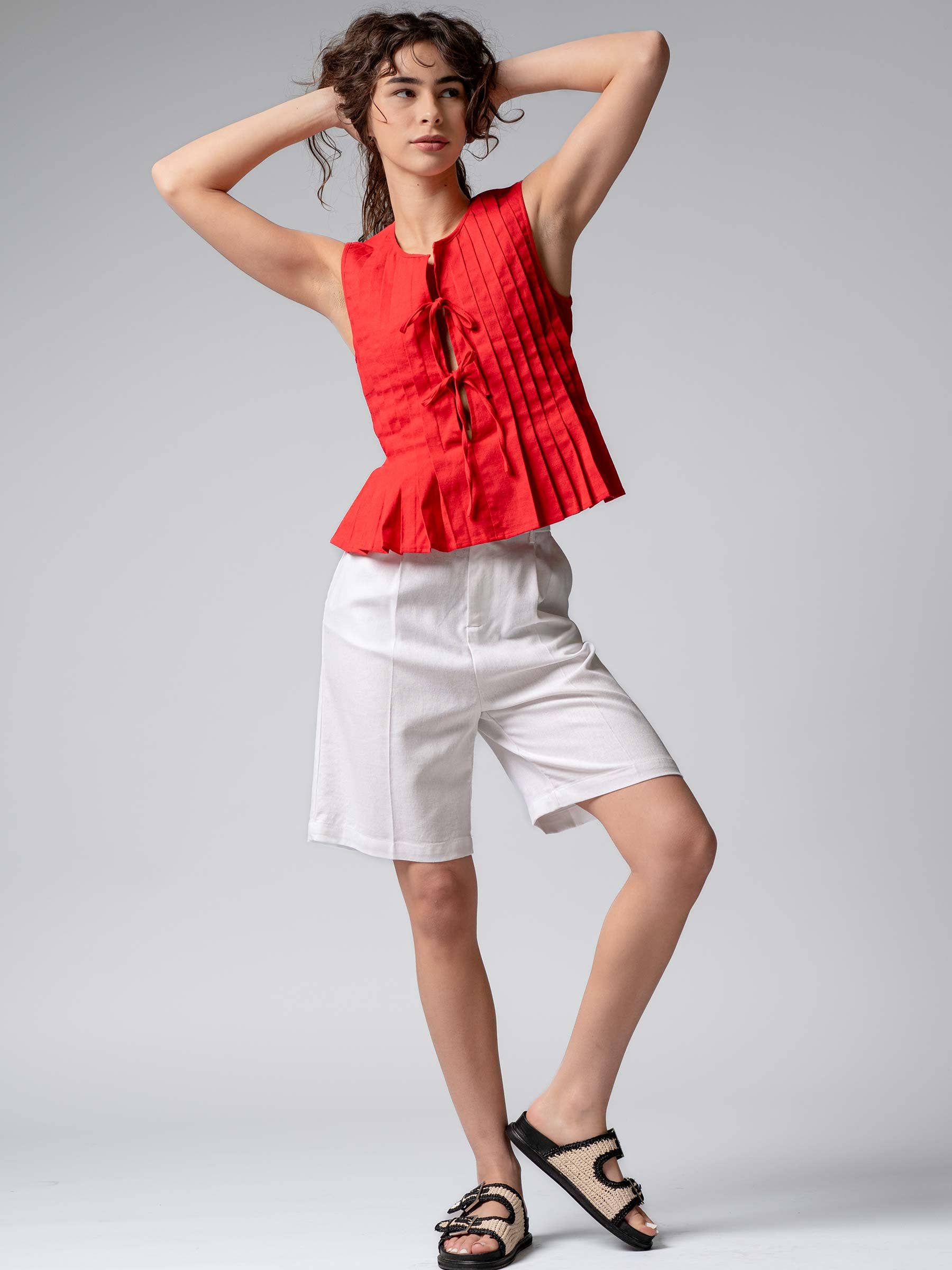 Urban Daizy Pleated Bow Front White Top Ivory Blouse - Women's (UDZ-DR-00389) – alternate view 21