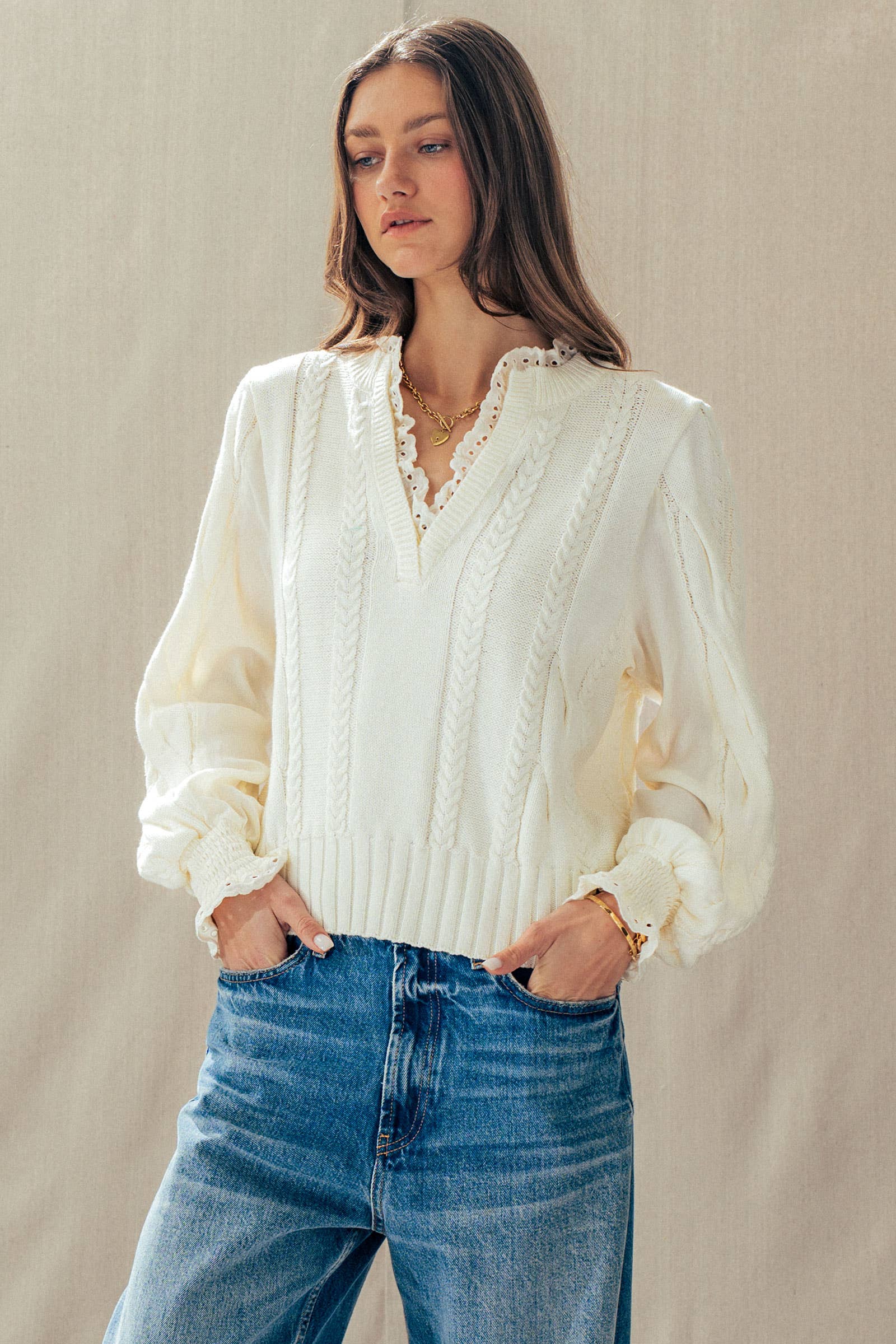 Lace Trim Cable Knit Pullover Sweater
