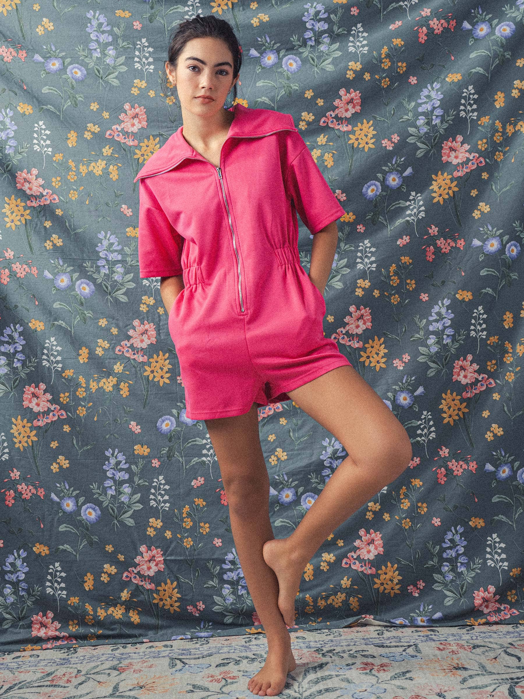 Knit Zipped Romper with Cinched Waist