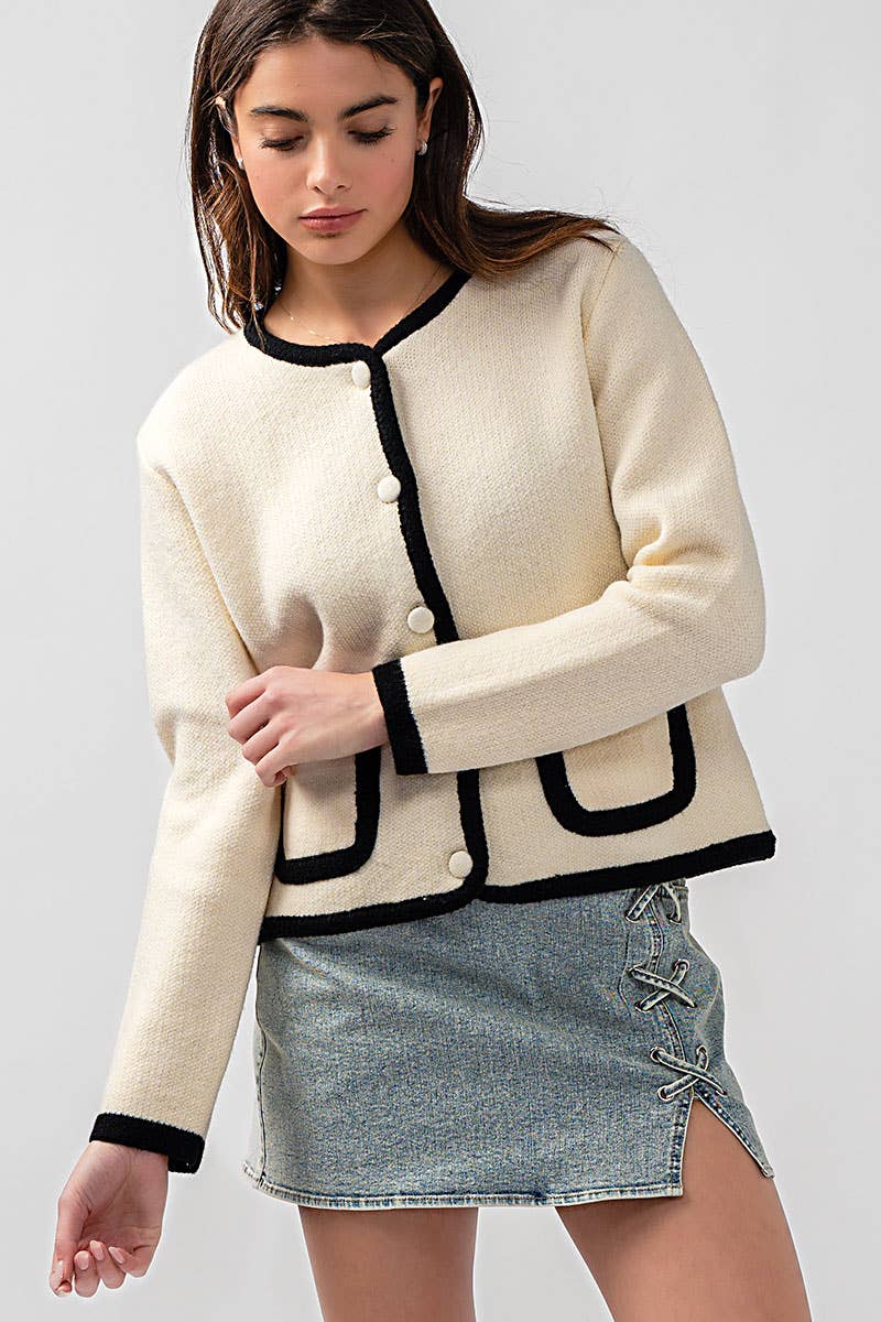 Urban Daizy Classic Contrast Trim Patch Pocket Cardigan Ivory Cardigan - Women's (UDZ-KN-00363) – alternate view 21