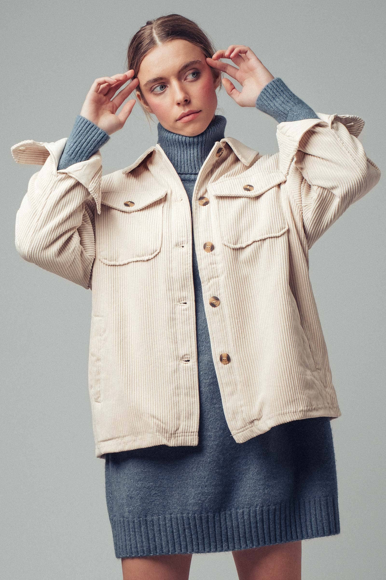 Urban Daizy Oversized Sherpa Lined Corduroy Shacket Beige Shirt Jacket Shacket - Women's (UDZ-OT-00163) – alternate view 9