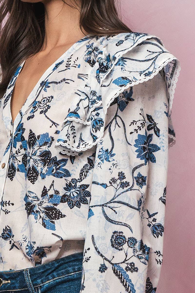 Urban Daizy Ruffled Shoulder V Neck Button Down Blouse White Black Blouse - Women's (UDZ-TP-00746) – alternate view 27