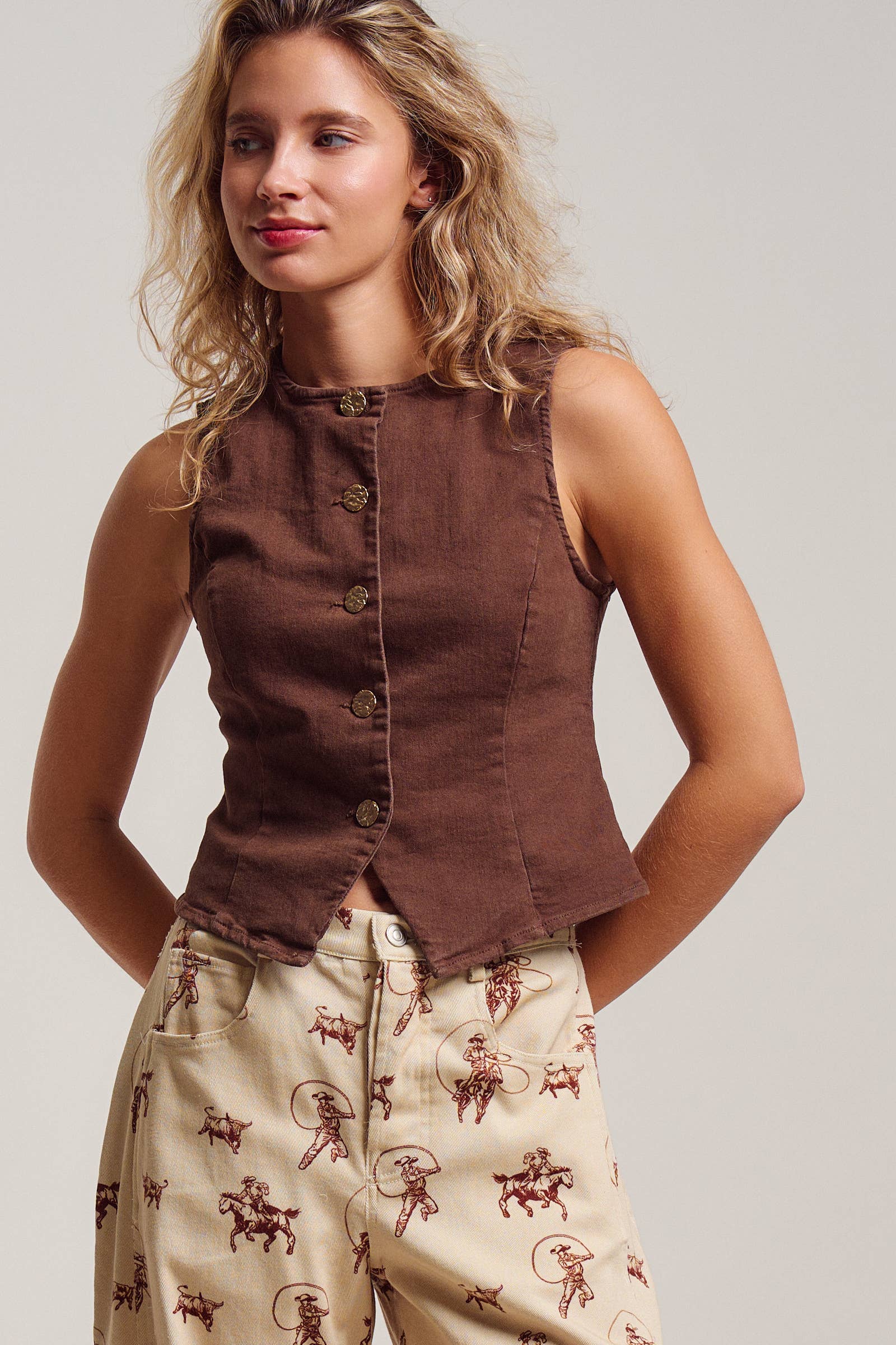 Fitted Gold Button Front Denim Vest