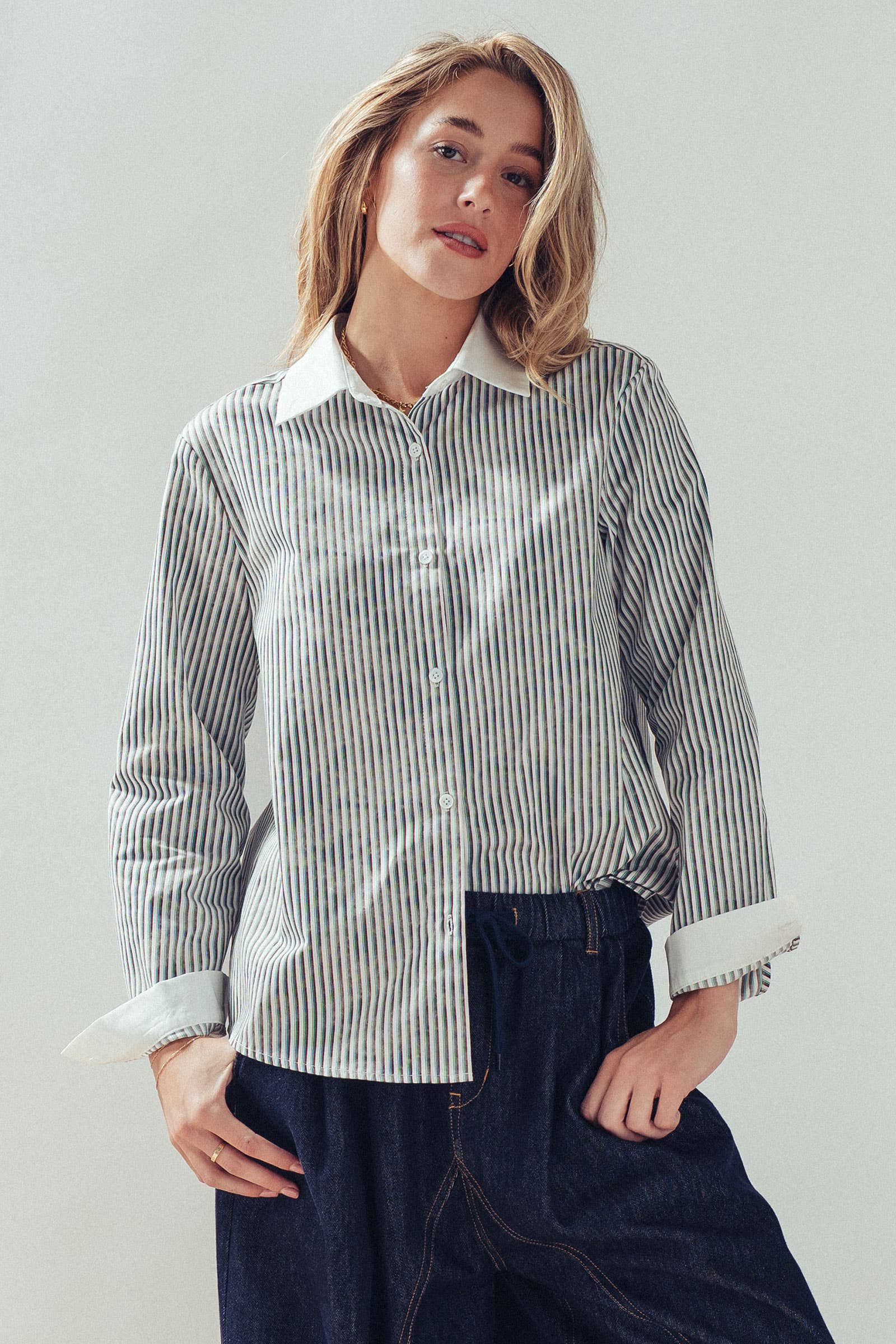 Contrast Collar Multi Stripe Button Down Shirt