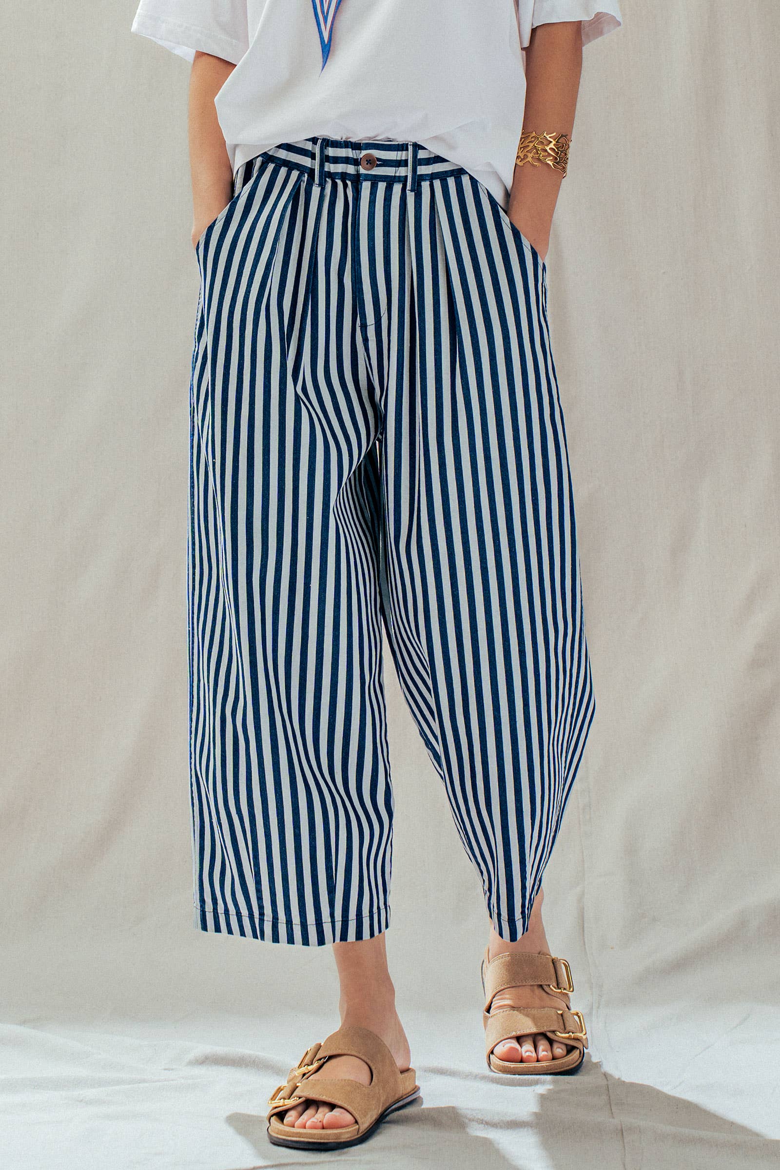 Striped Pleated Wide Leg Culotte Pants