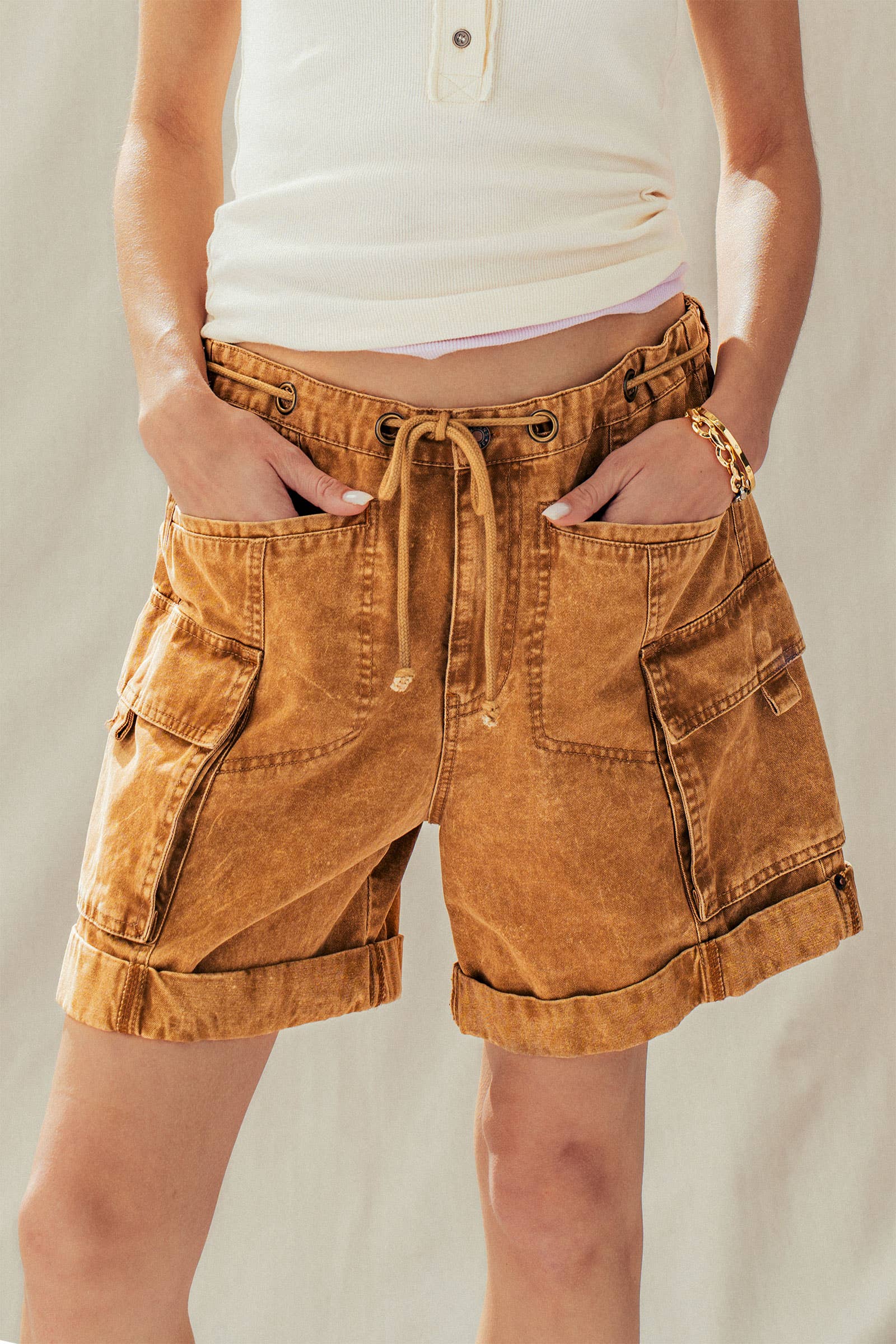 Urban Daizy Mineral Wash Cotton Utility Cargo Shorts Camel Shorts - Women's (UDZ-PT-00485) – alternate view 5