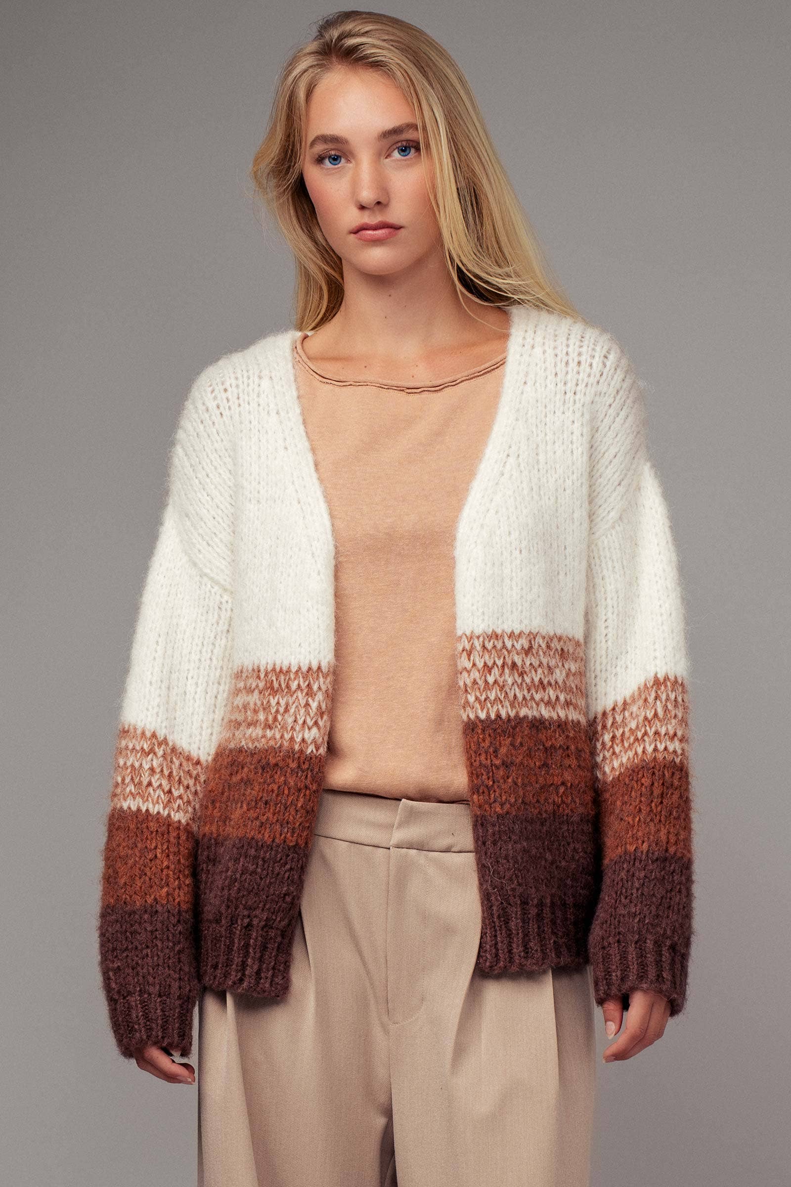 Warm Earthy Colorblock Chunky Knit Cardigan