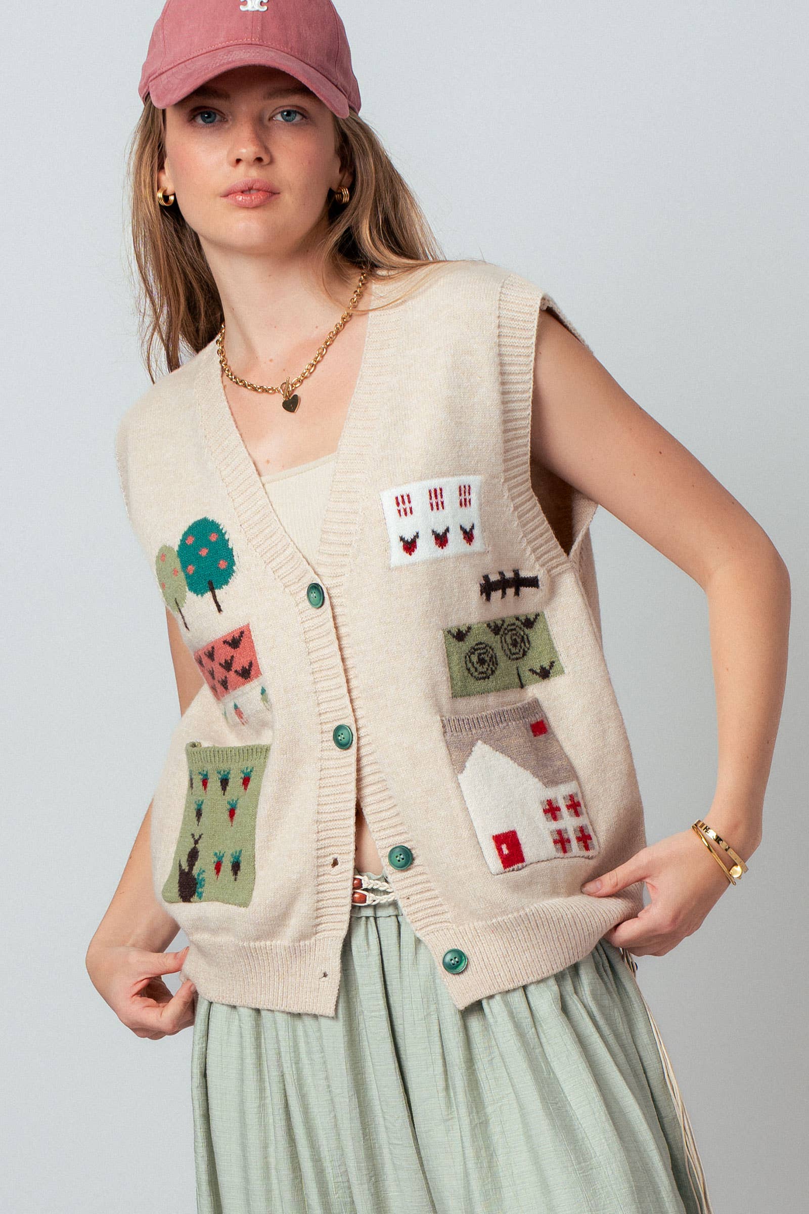 Urban Daizy Boho Graphic Knit Vest with Patch Pockets Oatmeal Sweater Vest - Women's (UDZ-KN-01039) – alternate view 13