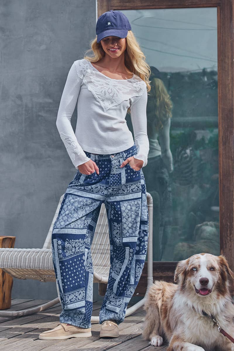 Urban Daizy Paisley Bandana Print Relaxed Fit Jeans Blue Jeans - Women's (UDPT0139) – alternate view 7