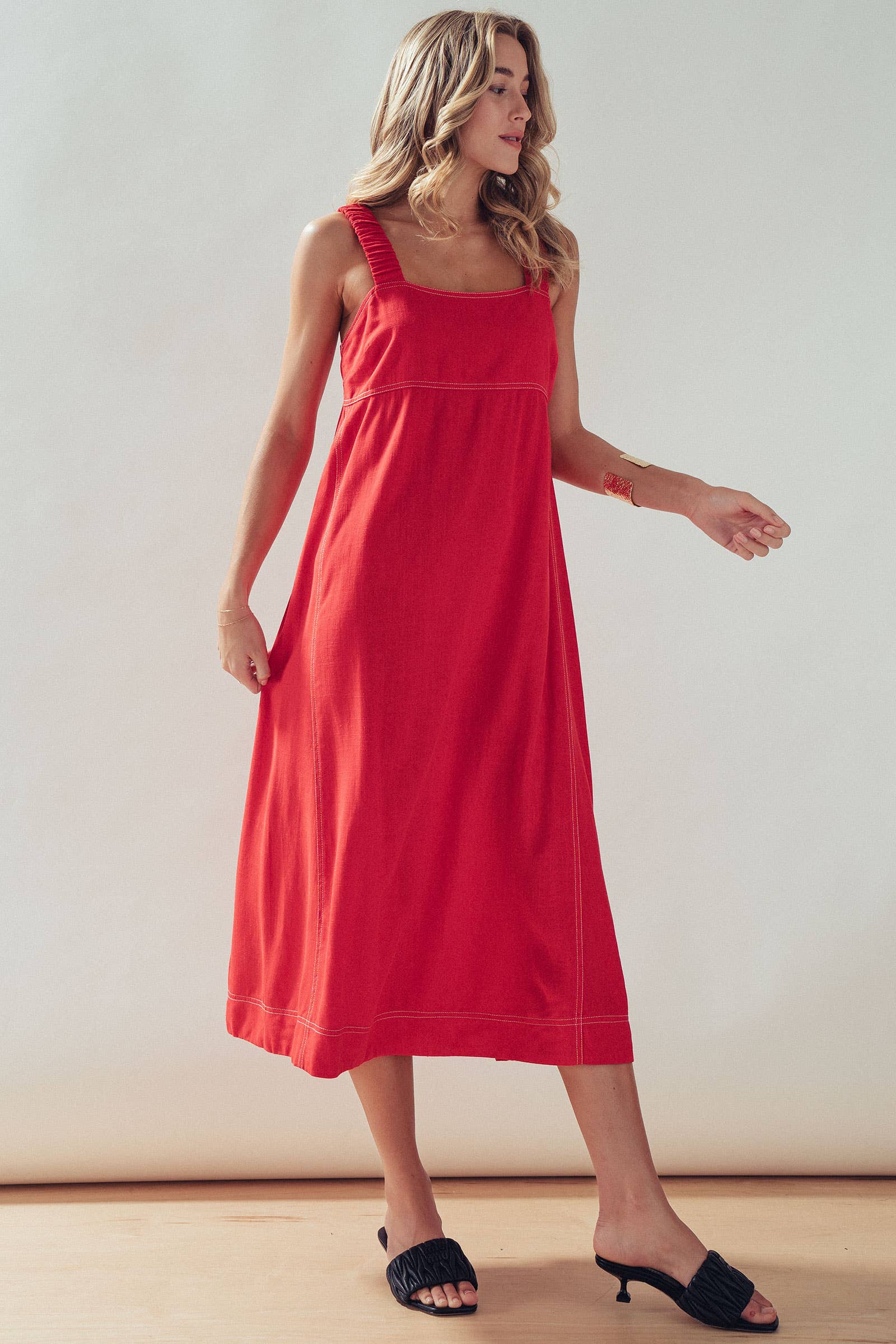 Urban Daizy Contrast Stitch Square Neck Tencel Linen Midi Dress Black Dress - Women's (UDZ-OT-00168) – alternate view 4