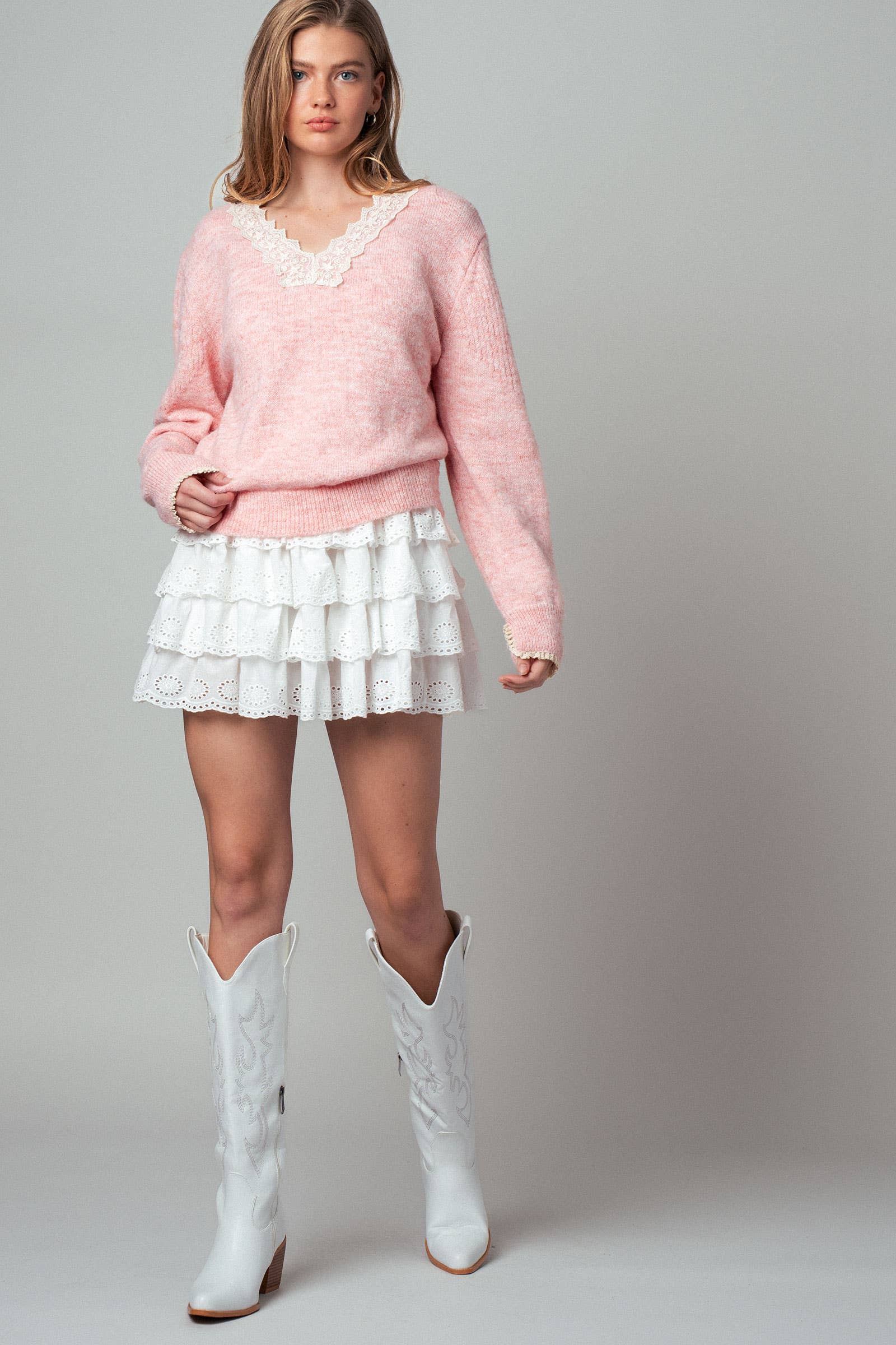 Lace Trim V-Neck Heathered Knit Sweater
