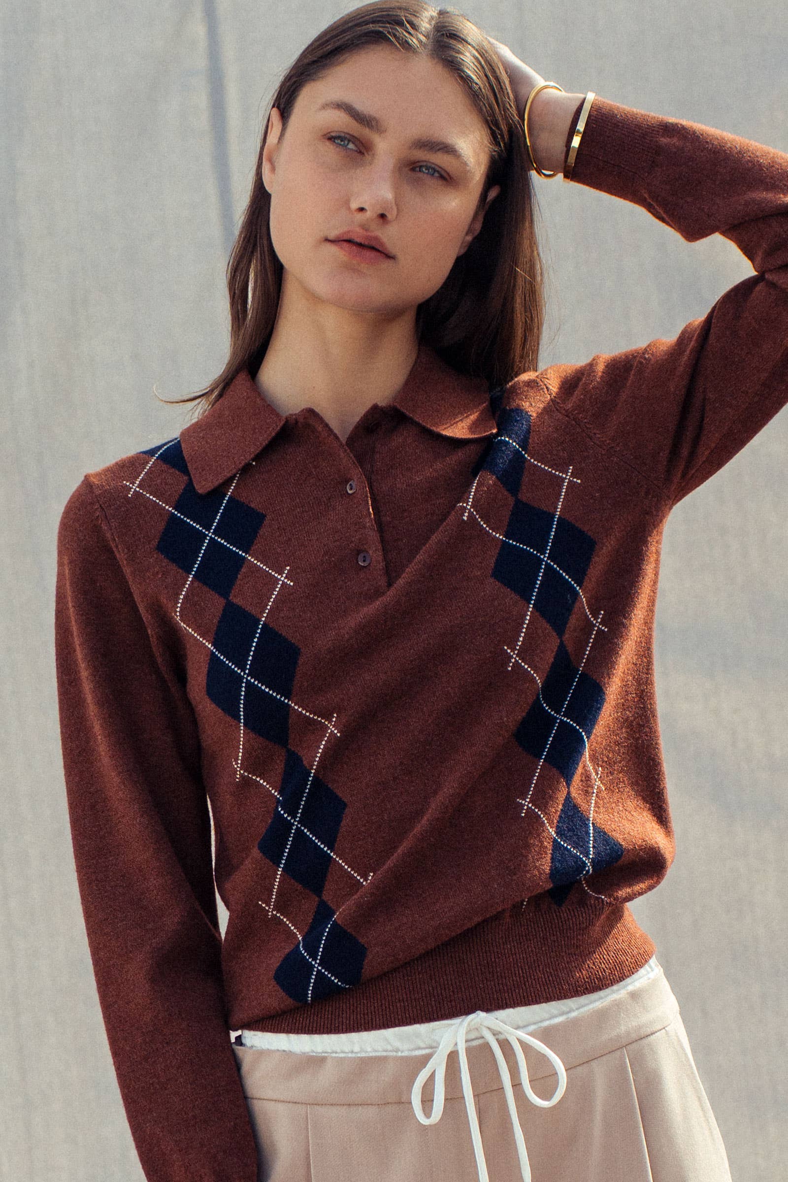 Classic Argyle Knit Polo Sweater