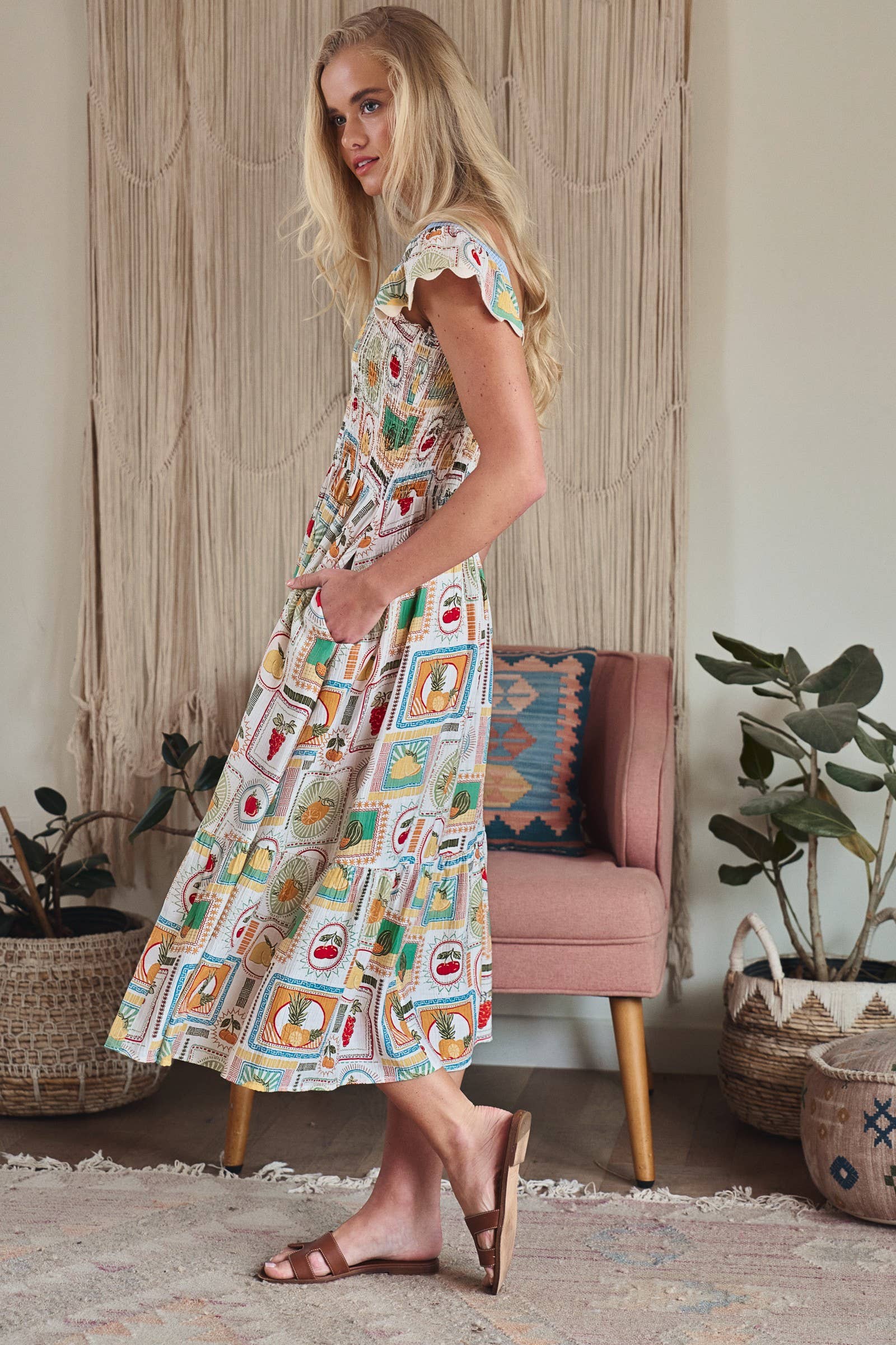 Novelty Stamp Print Smocked Midi Dress