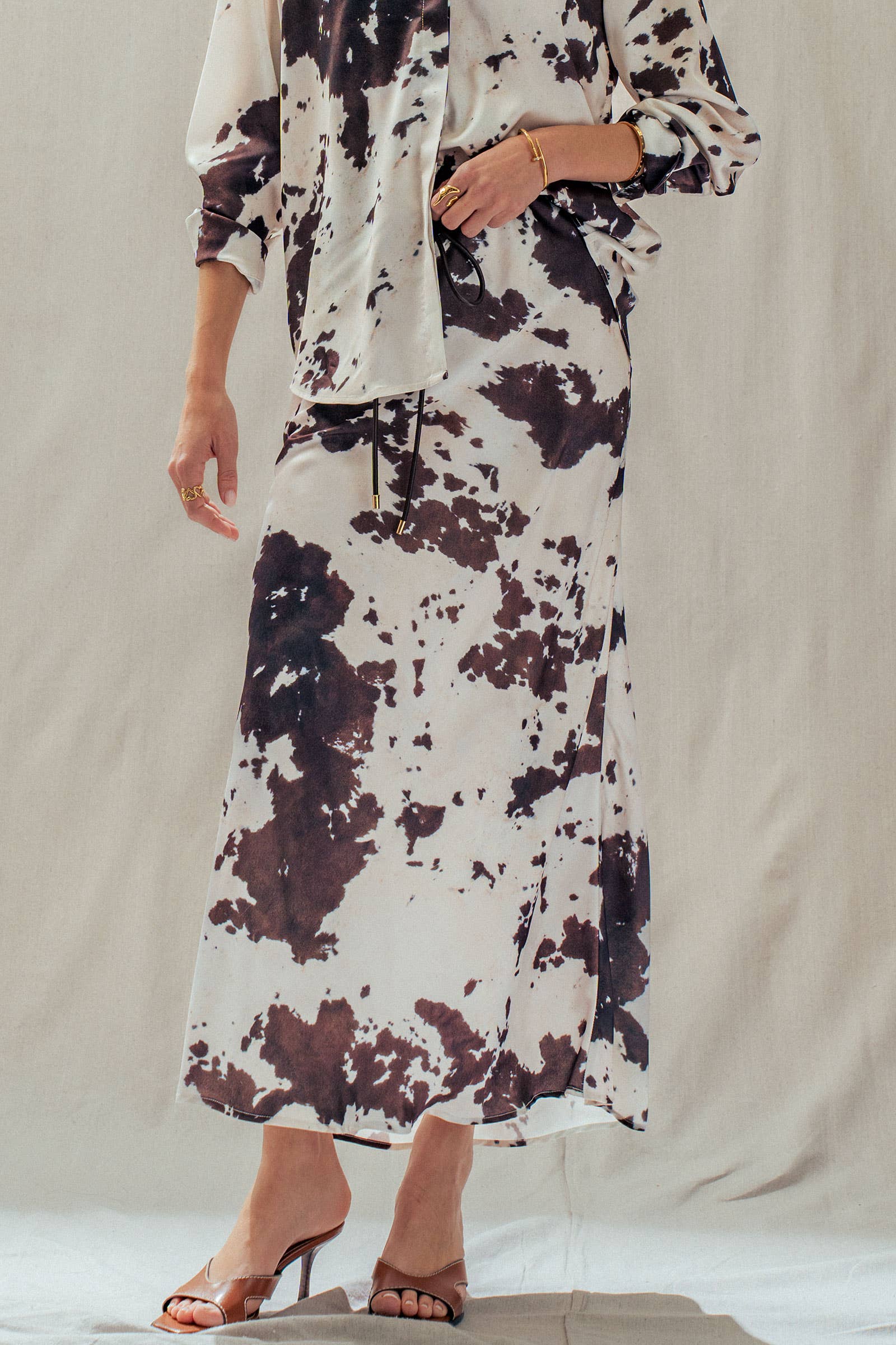 Urban Daizy Cowhide Print Satin Drawstring Midi Skirt Animal-Print Skirt - Women's (UDSK0074) – alternate view 3