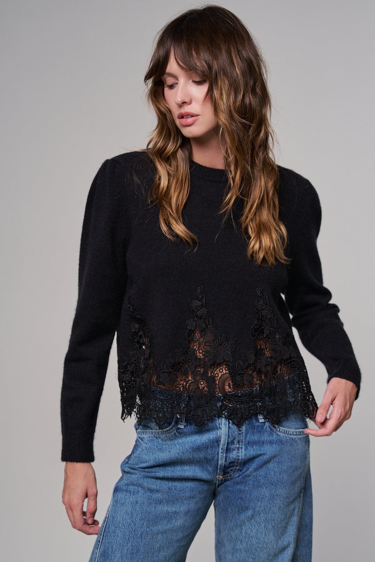 Lace Trim Knit Sweater with Floral Hem Detail in BLACK - Women's Sweaters | Urban Daizy