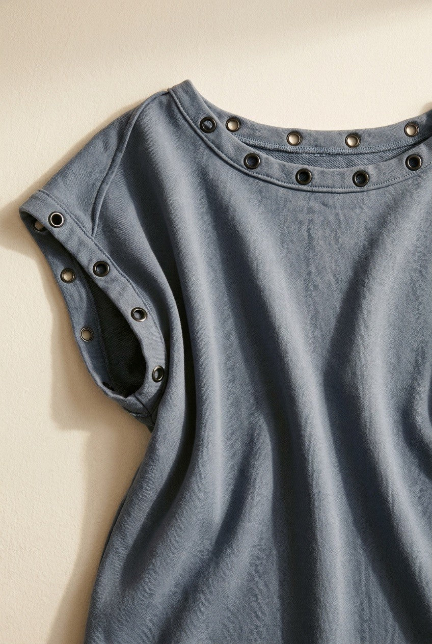 Grommet Trim Washed Cotton Boat Neck Top in VINTAGE NAVY - Women's T-Shirts & Polos | Urban Daizy