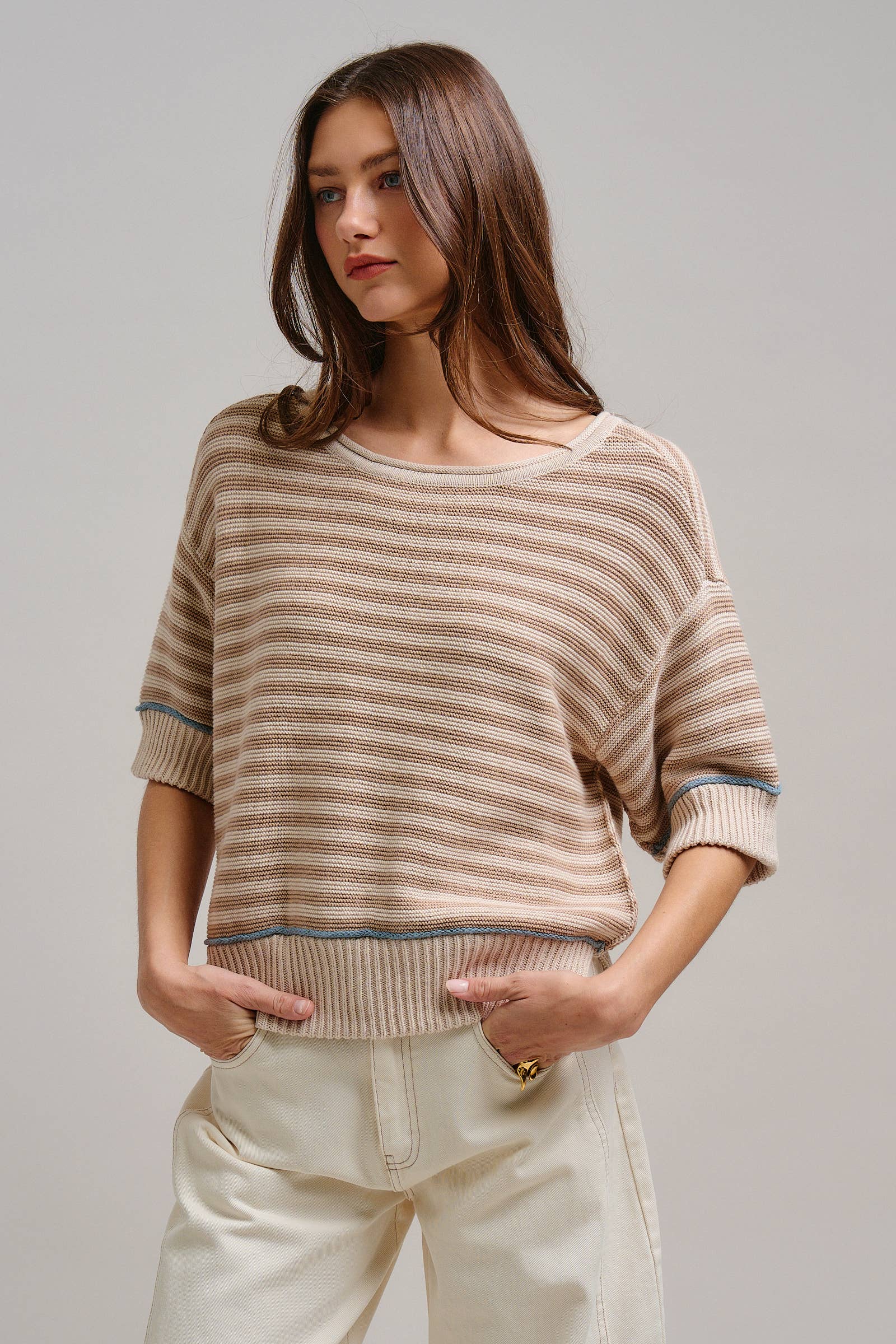 Yellow Striped Contrast Trim Sweater Tee