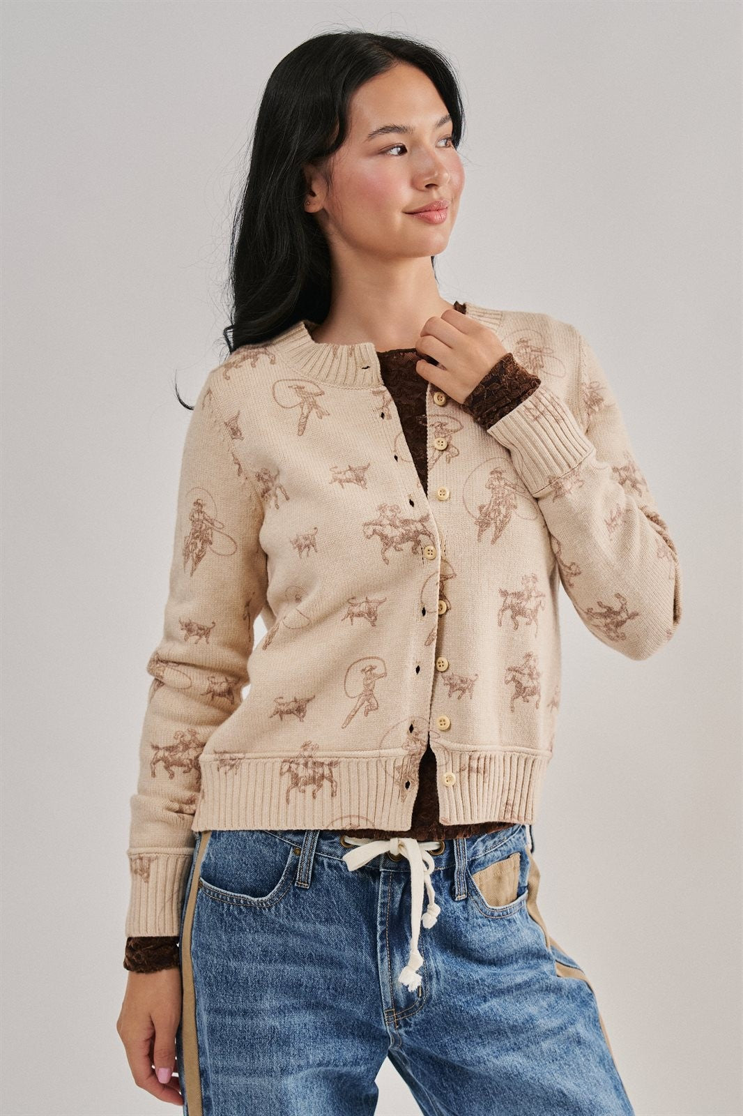 Western Cowboy Print Button Front Cardigan Sweater in KHAKI - Women's Cardigans & Shrugs | Urban Daizy