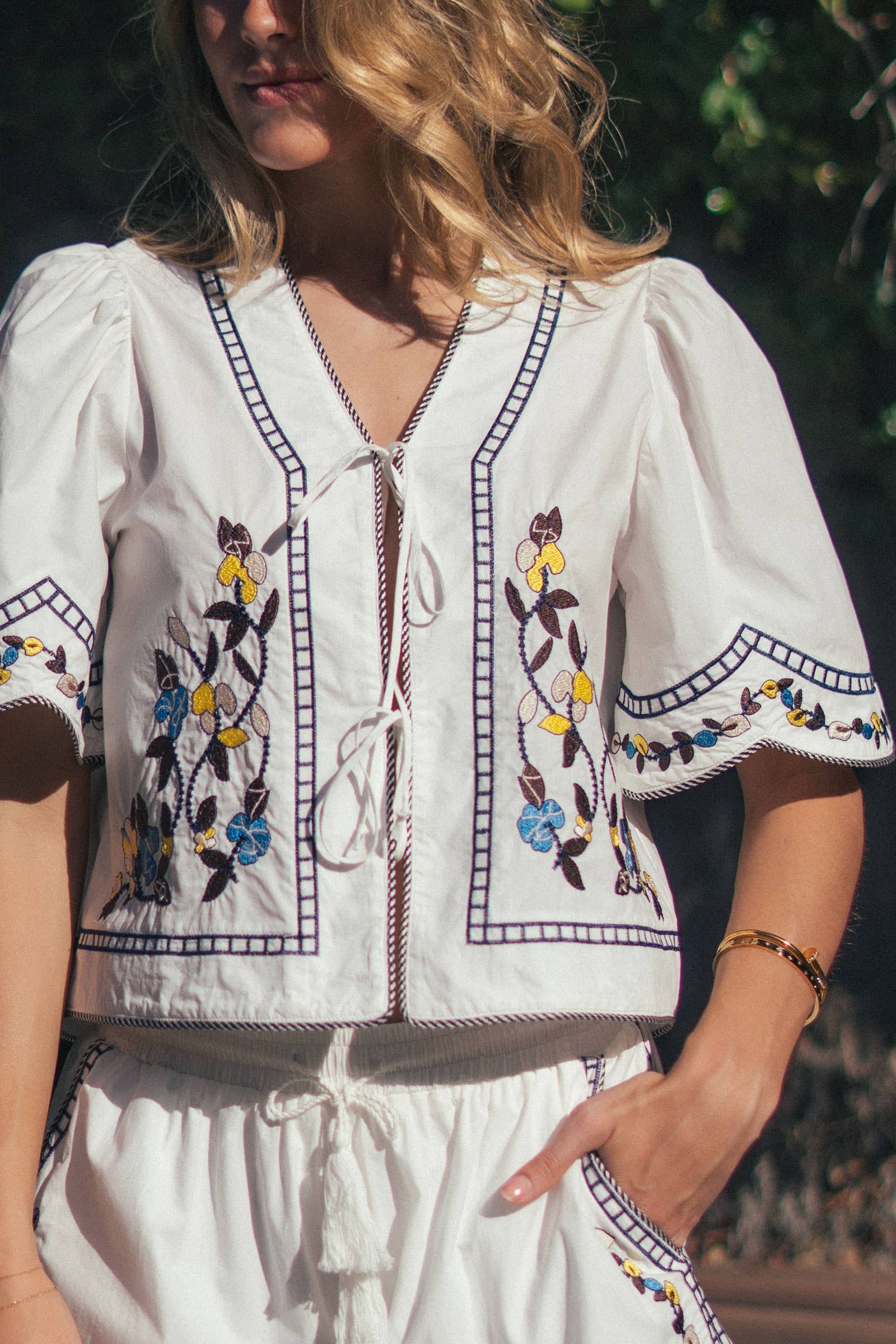 Urban Daizy Floral Embroidered Tie Front Cotton Top Navy Blouse - Women's (UDZ-TP-01014)