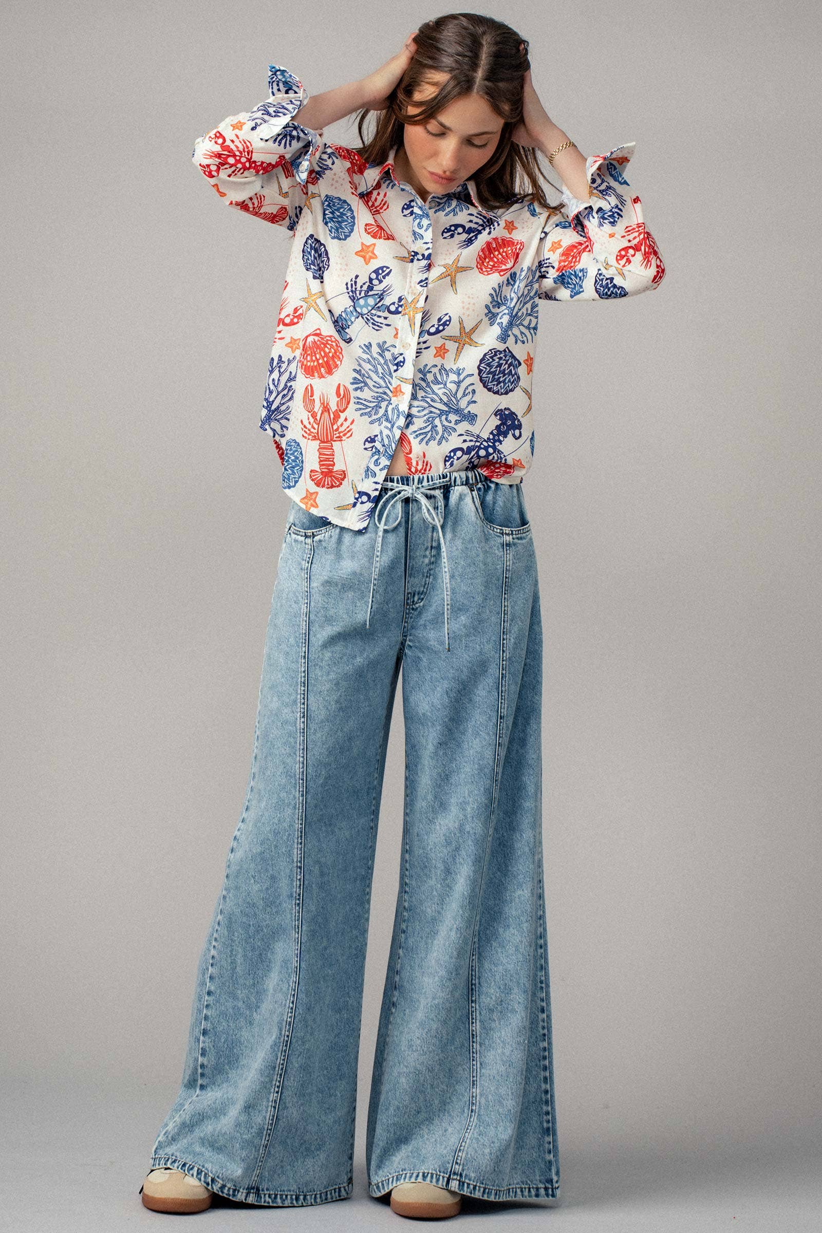 Relaxed Wide Leg Drawstring Western Pants