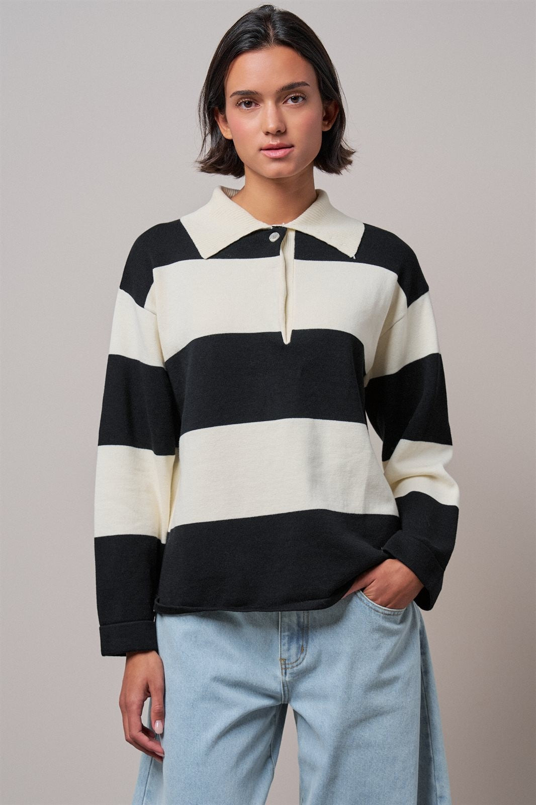 Striped Knit Rugby Polo Sweater in IVORY BLACK - Women's Sweaters | Urban Daizy