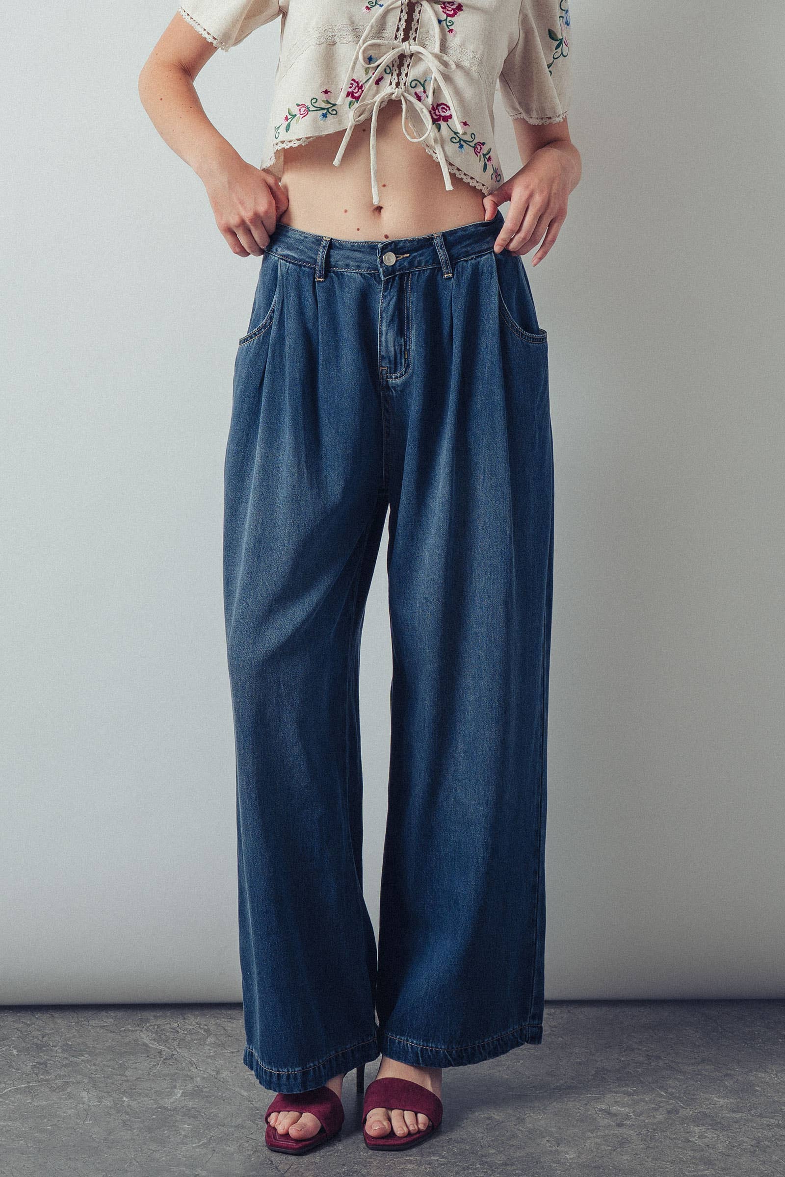 Pleated Wide-Leg Denim Pants