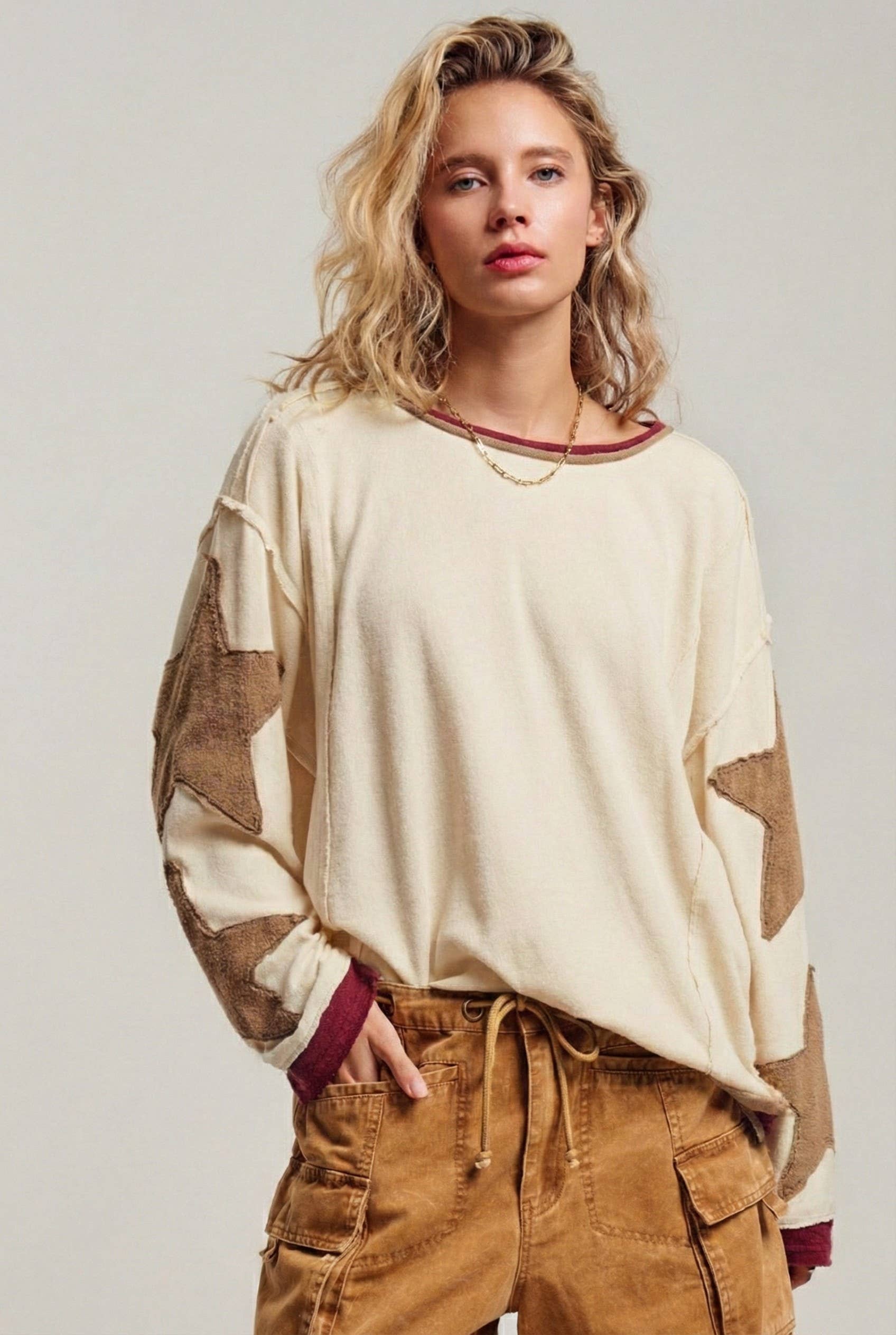 Urban Daizy Raw Seam Star Patch Slouchy Knit Top Brown Knit Top - Women's (UDTP1432-Brown) – alternate view 14