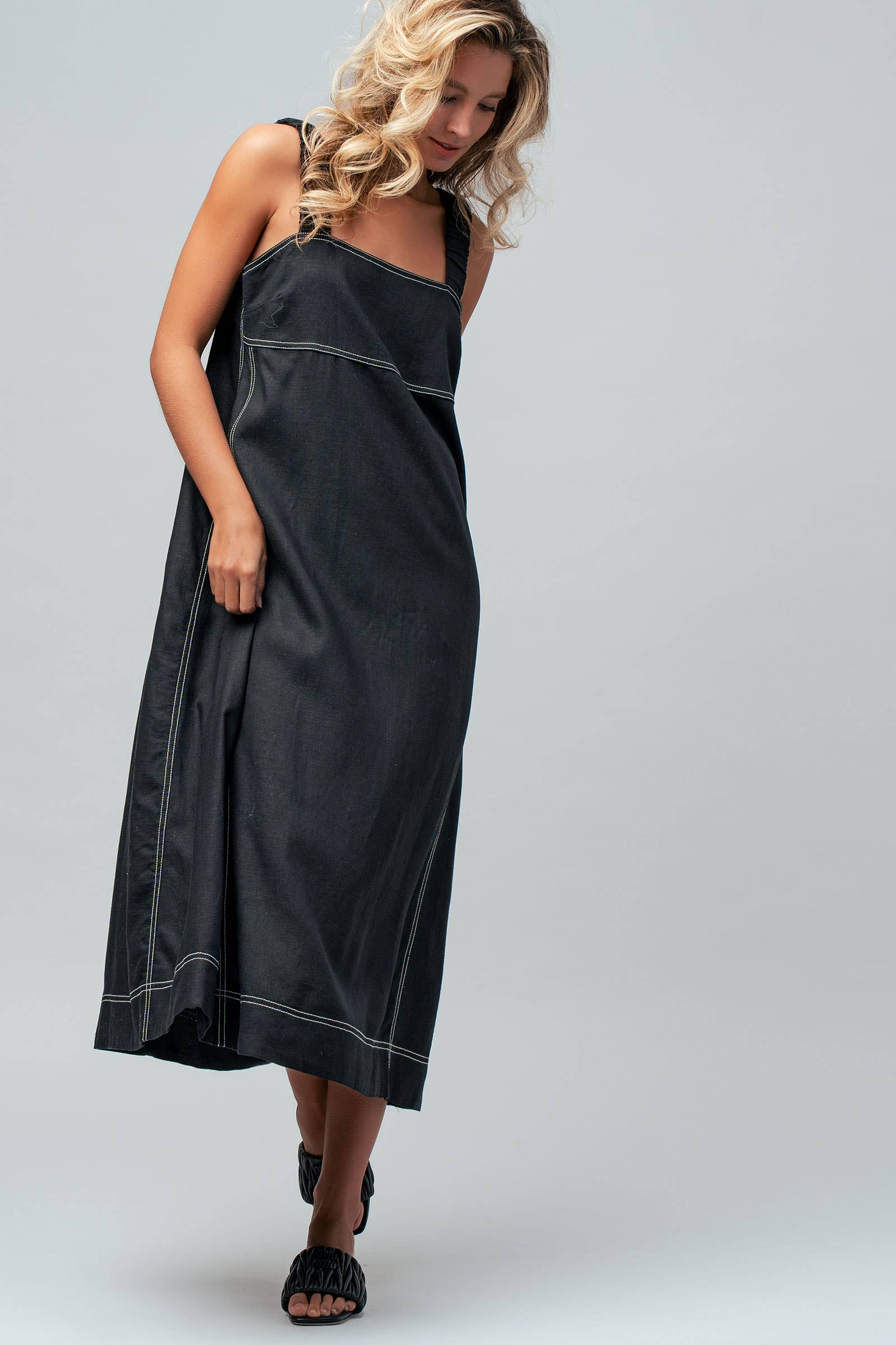 Contrast Stitch Square Neck Tencel Linen Midi Dress