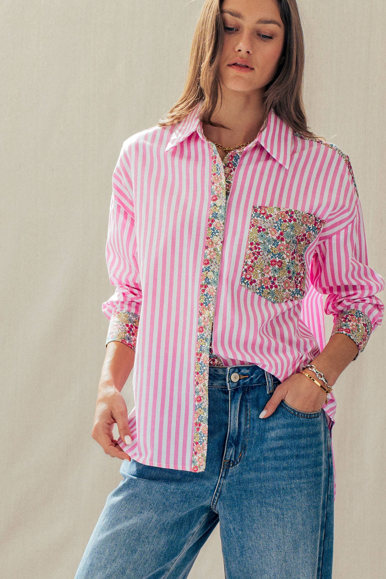 Floral Contrast Mixed Print Striped Shirt