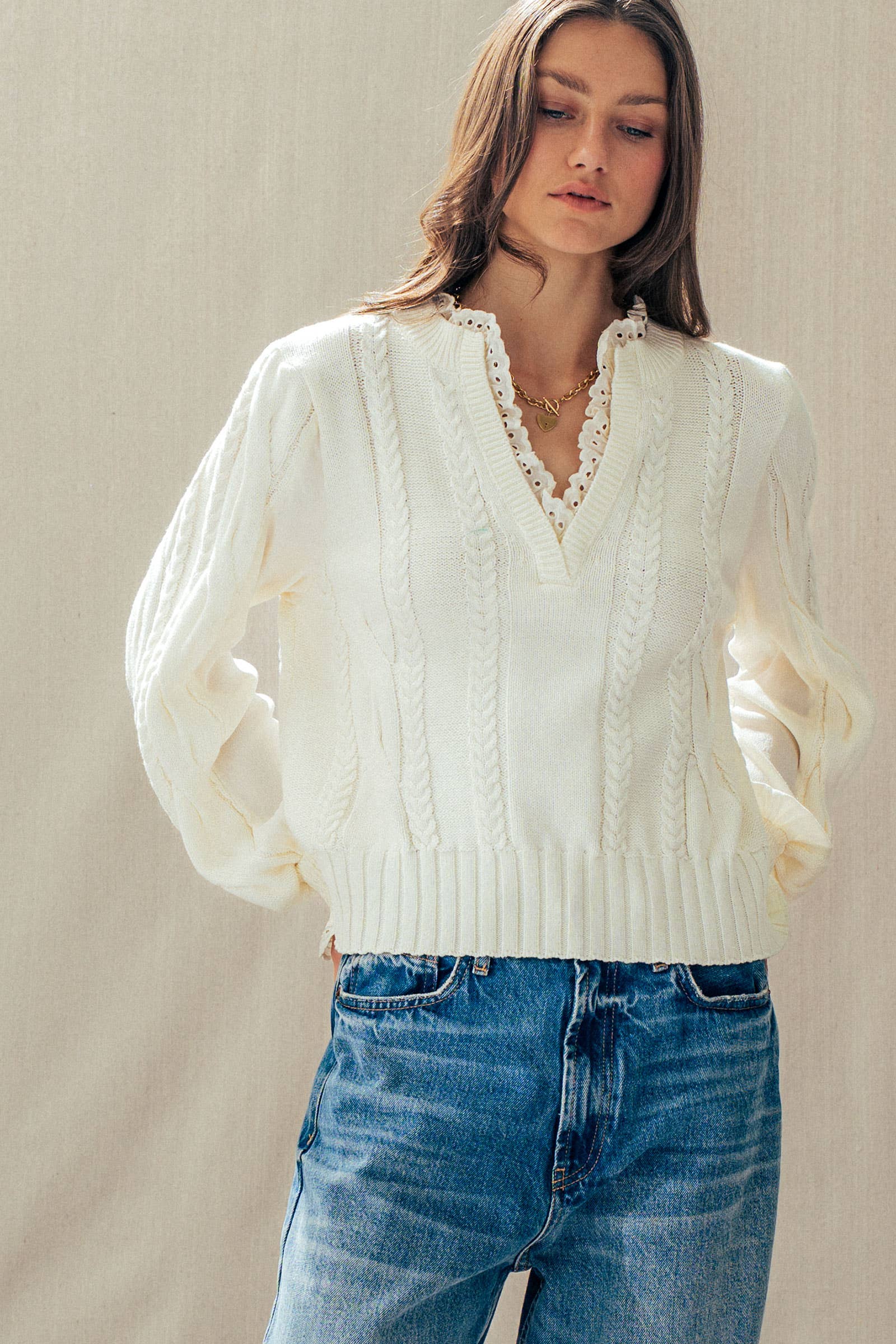 Lace Trim Cable Knit Pullover Sweater