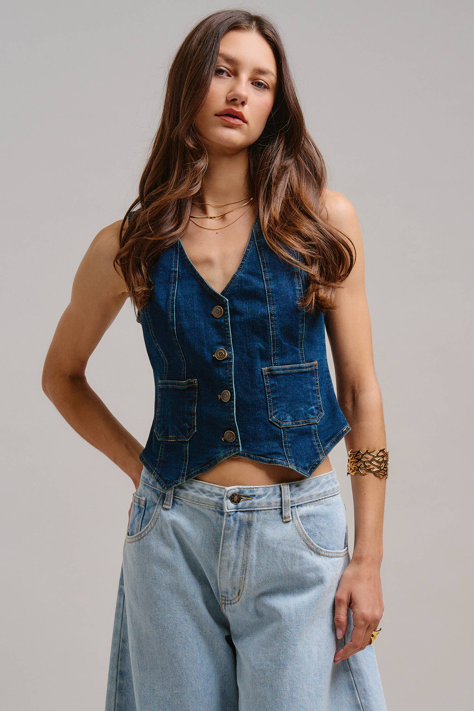 Fitted V-Neck Button-Front Denim Vest