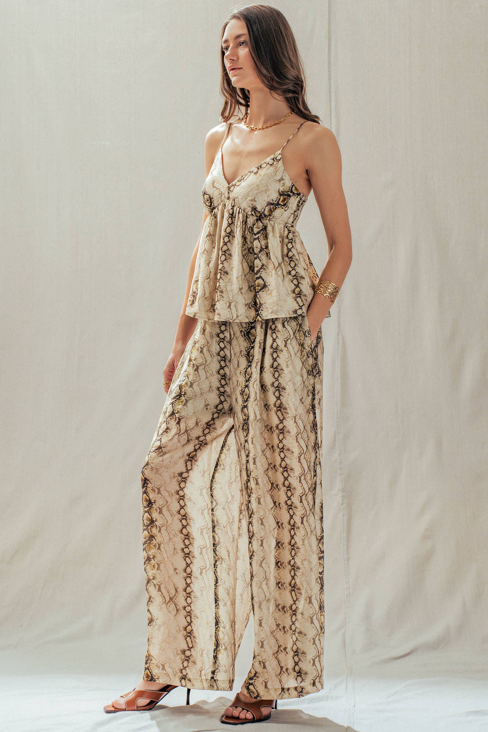 Snake Print Wide Leg Pants Linen Blend