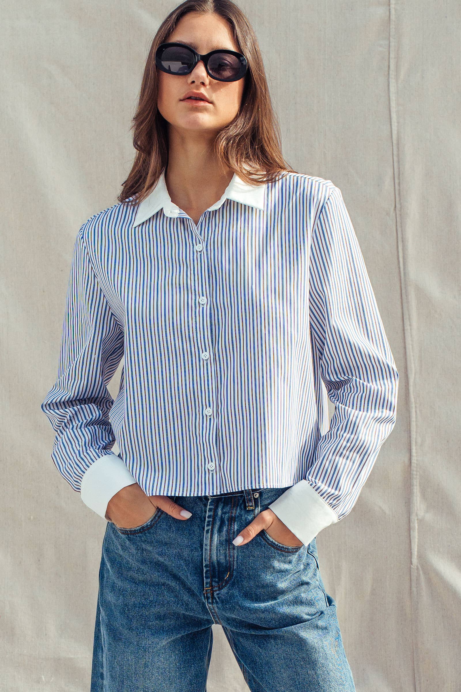 Stripe Contrast Collar Button Down Shirt