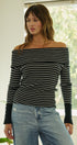 Off-Shoulder Striped Knit Top with Button Cuffs in BLACK - Women's Sweaters | Urban Daizy