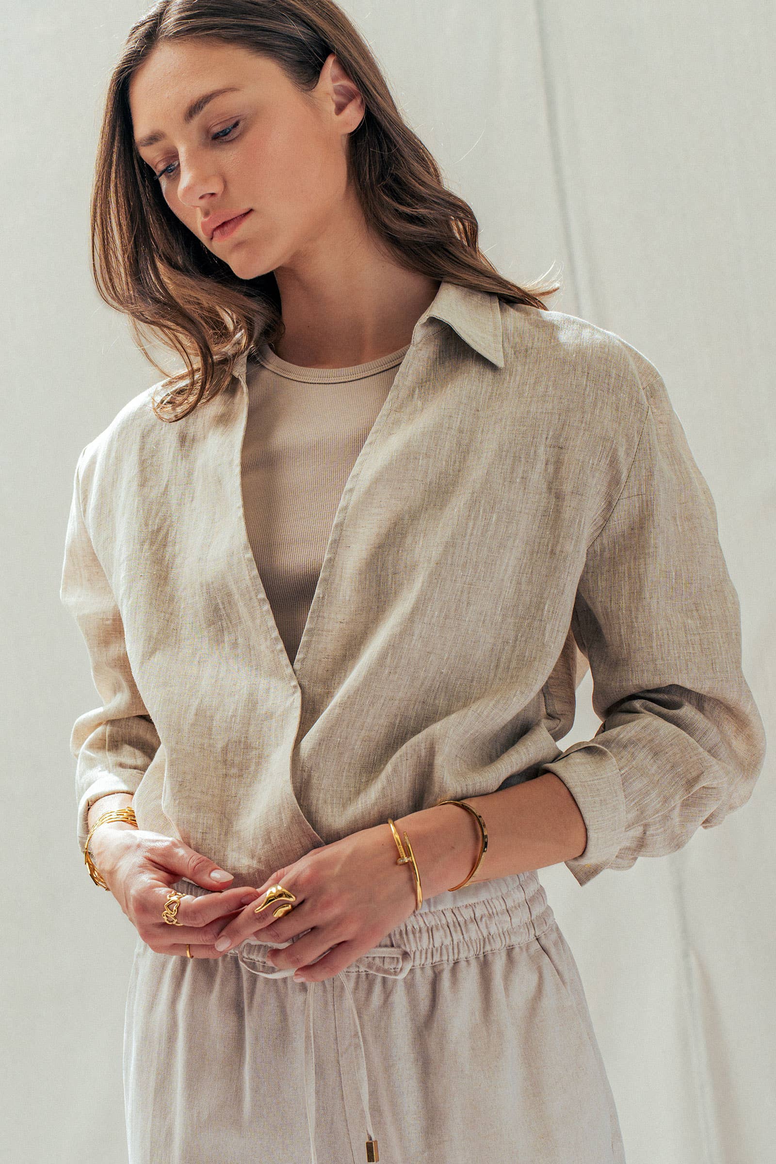 Collared Linen Wrap Crop Top with Built In Tank