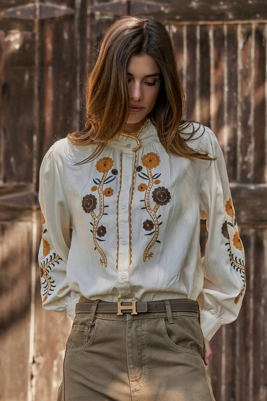 Embroidered Ruffle Neck Blouse in Western Folk Style in IVORY - Women's Shirts & Blouses | Urban Daizy